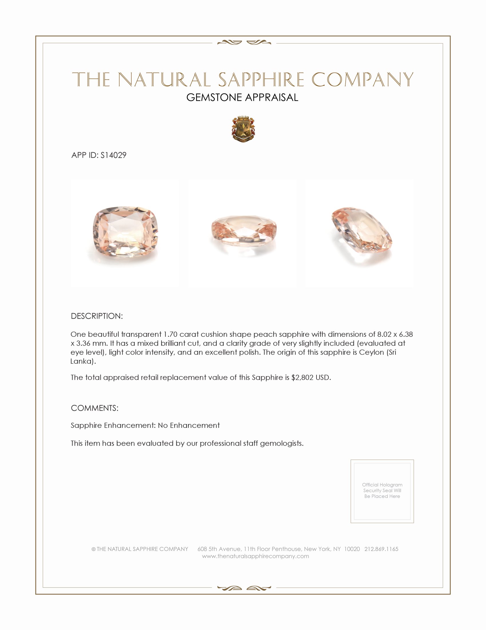 1.70 Ct. Peach Sapphire from Ceylon (Sri Lanka)