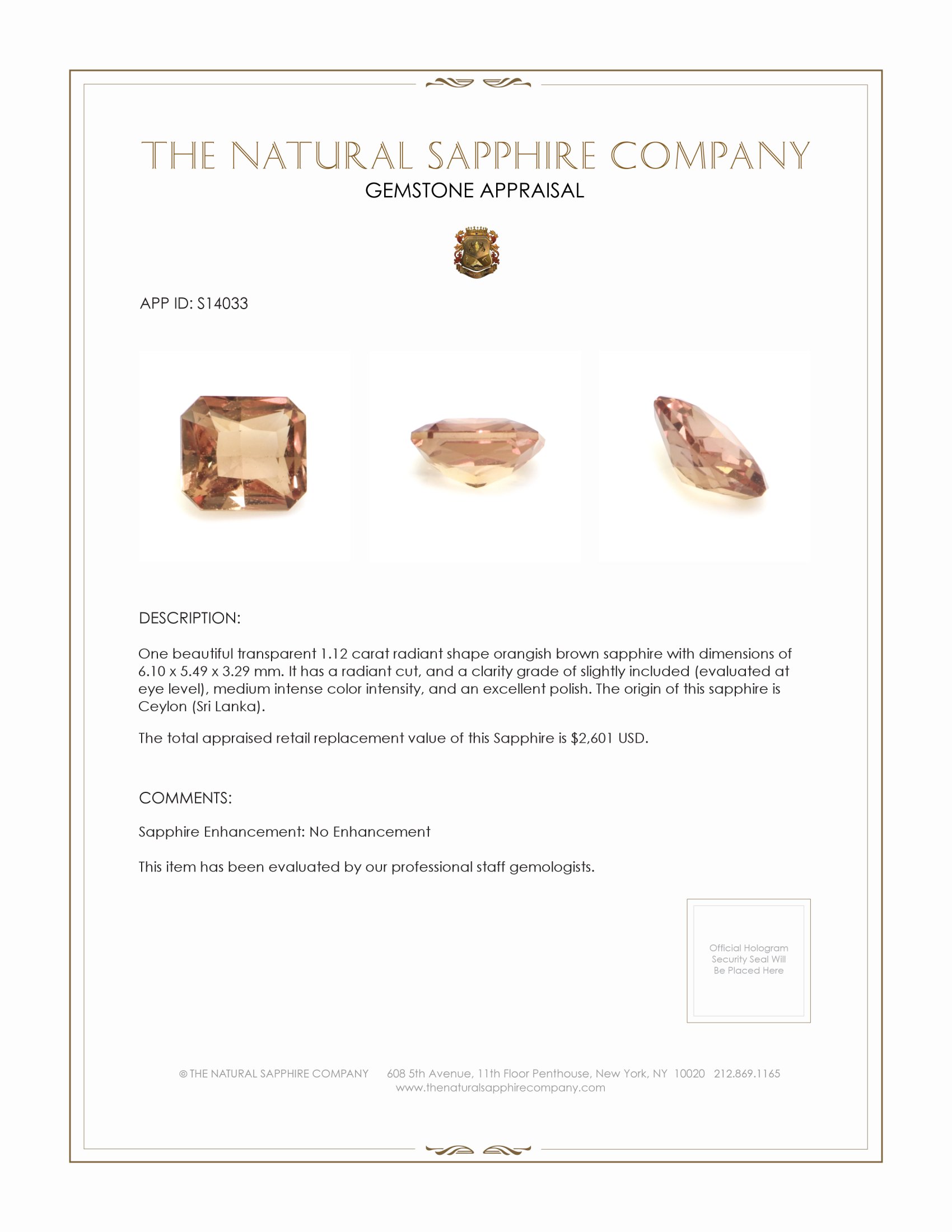 1.12 Ct. Orangish Brown Sapphire from Ceylon (Sri Lanka)