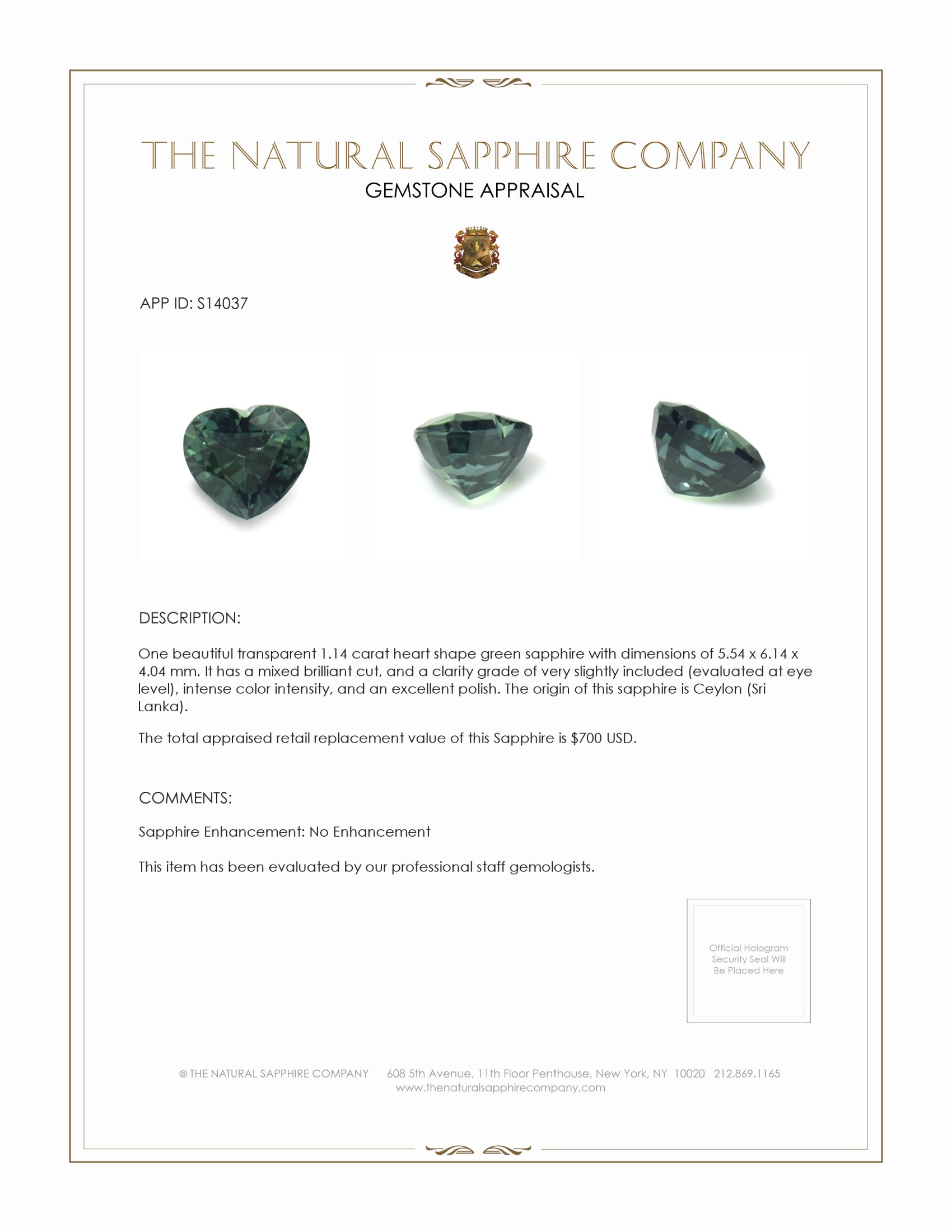 1.14 Ct. Green Sapphire from Ceylon (Sri Lanka)