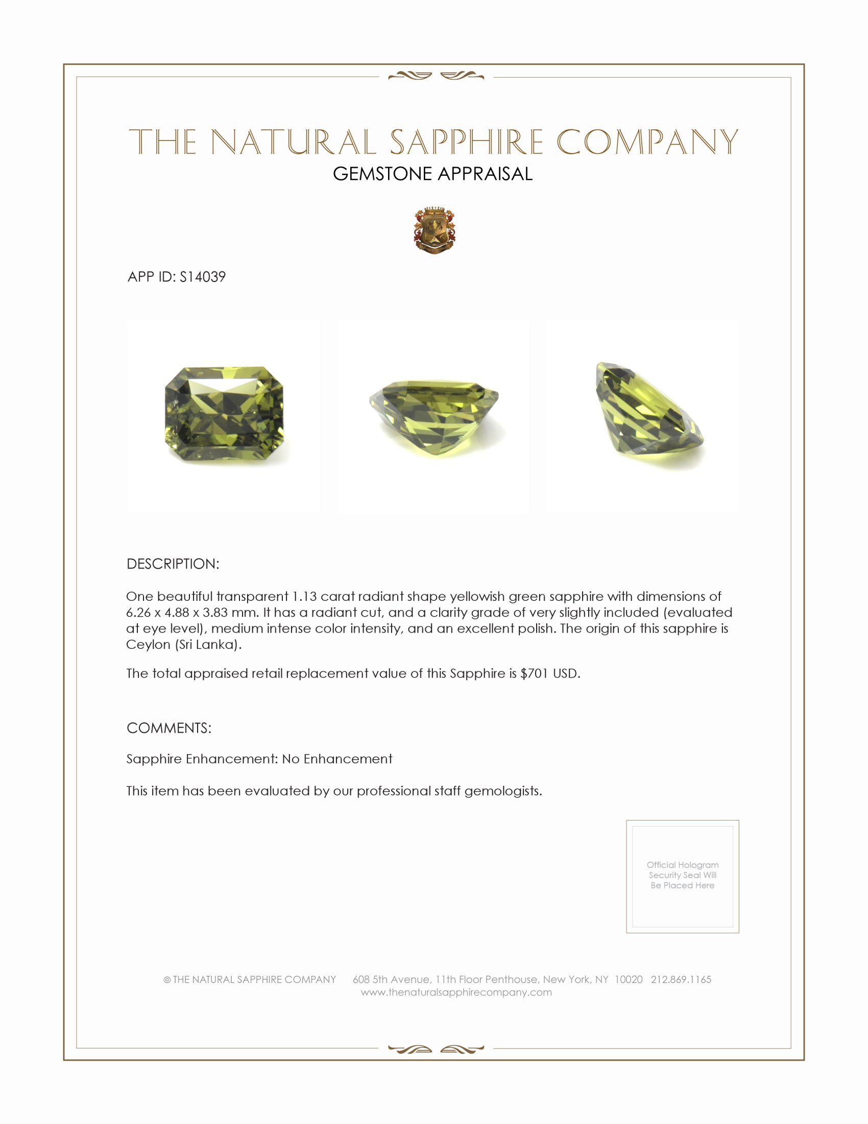 1.13 Ct. Yellowish Green Sapphire from Ceylon (Sri Lanka)