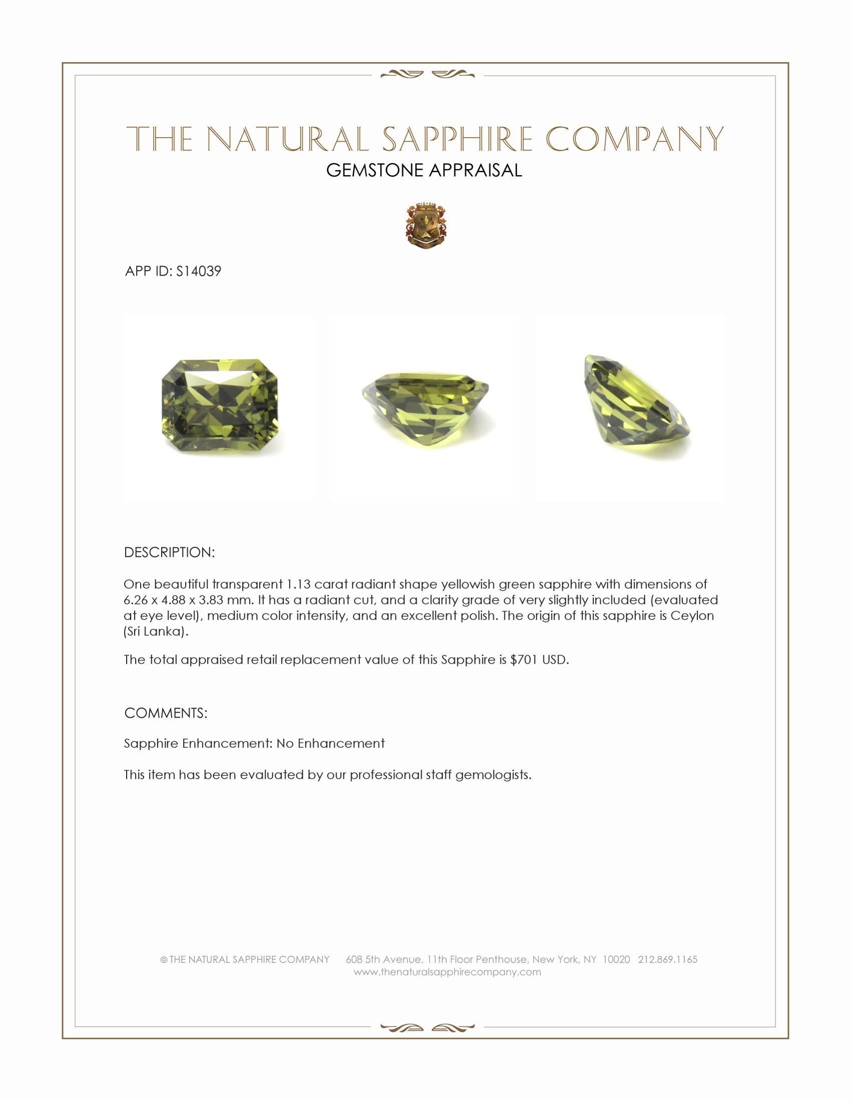 1.13 Ct. Yellowish Green Sapphire from Ceylon (Sri Lanka)