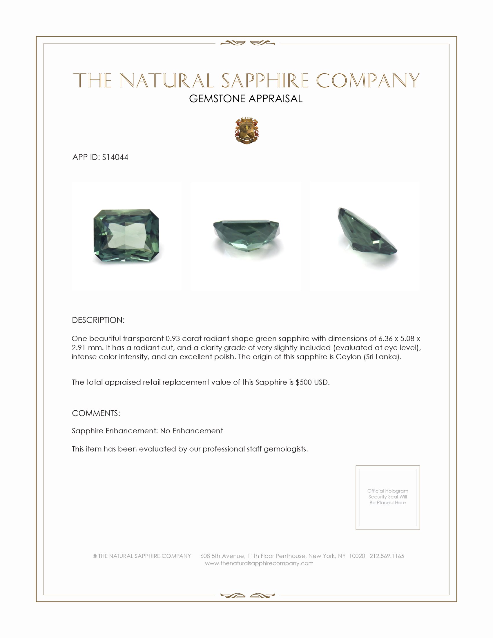 0.93 Ct. Green Sapphire from Ceylon (Sri Lanka)