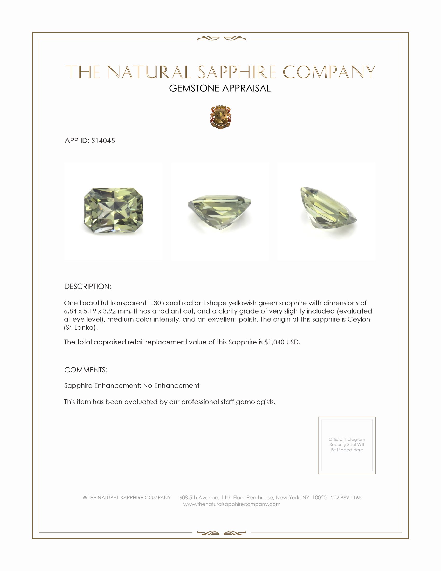 1.30 Ct. Yellowish Green Sapphire from Ceylon (Sri Lanka)