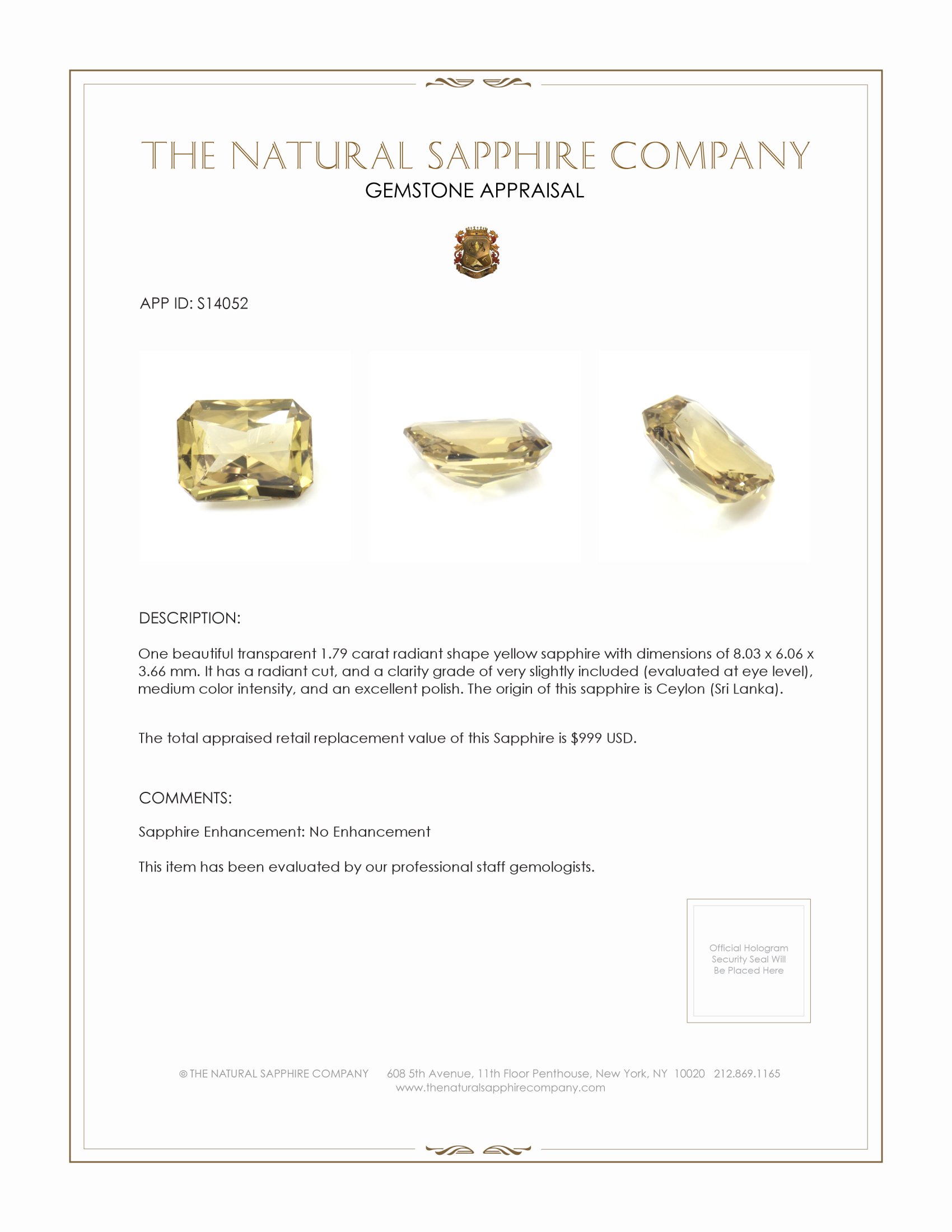 1.79 Ct. Yellow Sapphire from Ceylon (Sri Lanka)