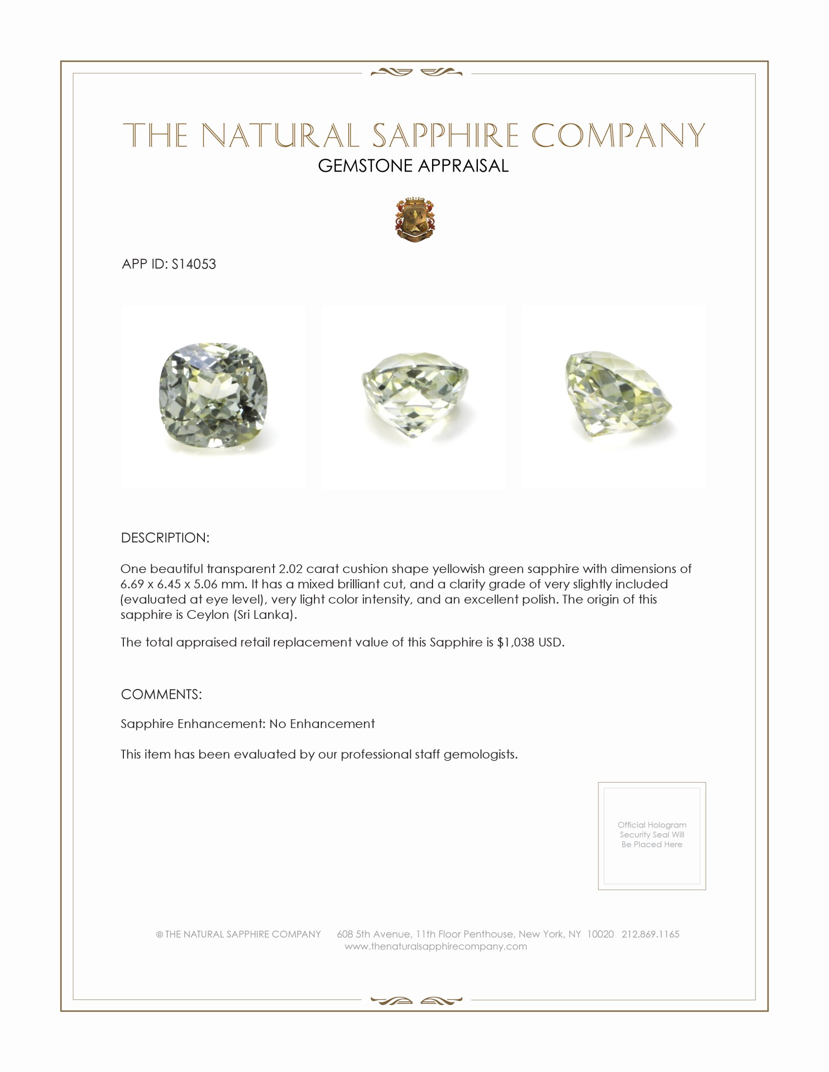 2.02 Ct. Yellowish Green Sapphire from Ceylon (Sri Lanka)