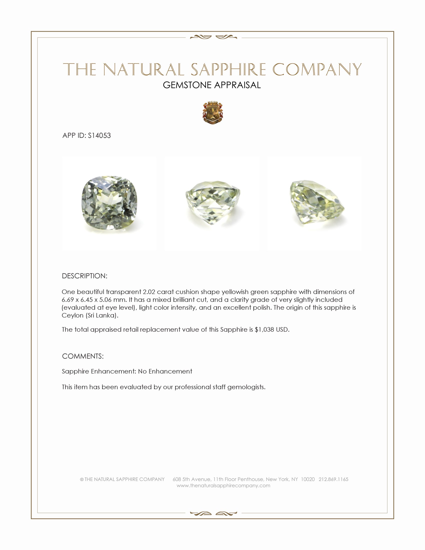 2.02 Ct. Yellowish Green Sapphire from Ceylon (Sri Lanka)