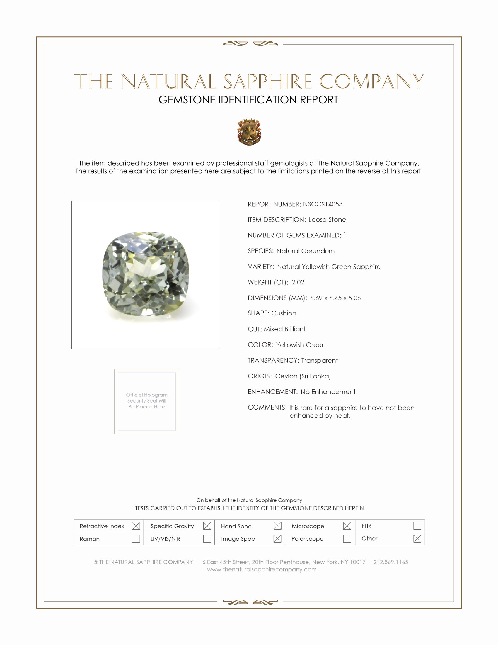 2.02 Ct. Yellowish Green Sapphire from Ceylon (Sri Lanka)