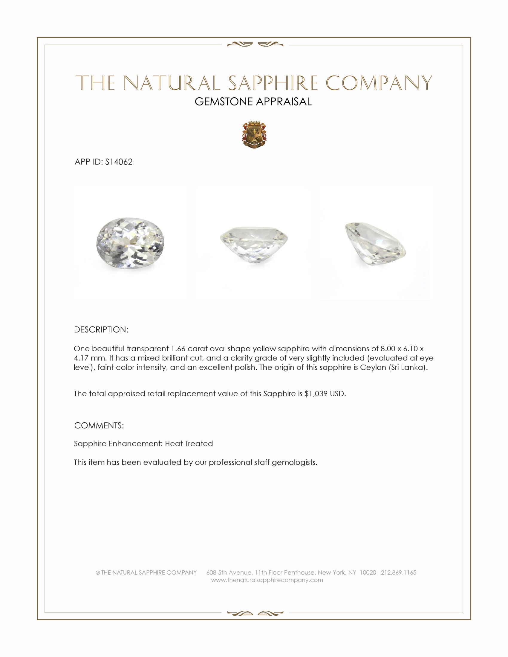 1.66 Ct. Yellow Sapphire from Ceylon (Sri Lanka)