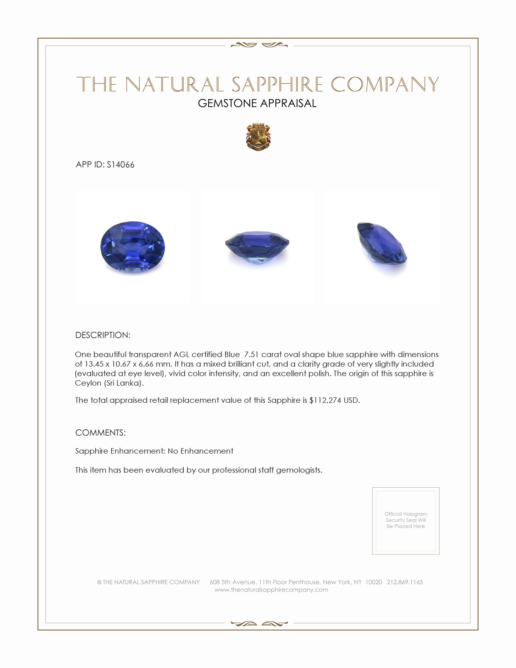 7.51 Ct. Blue Sapphire from Ceylon (Sri Lanka)