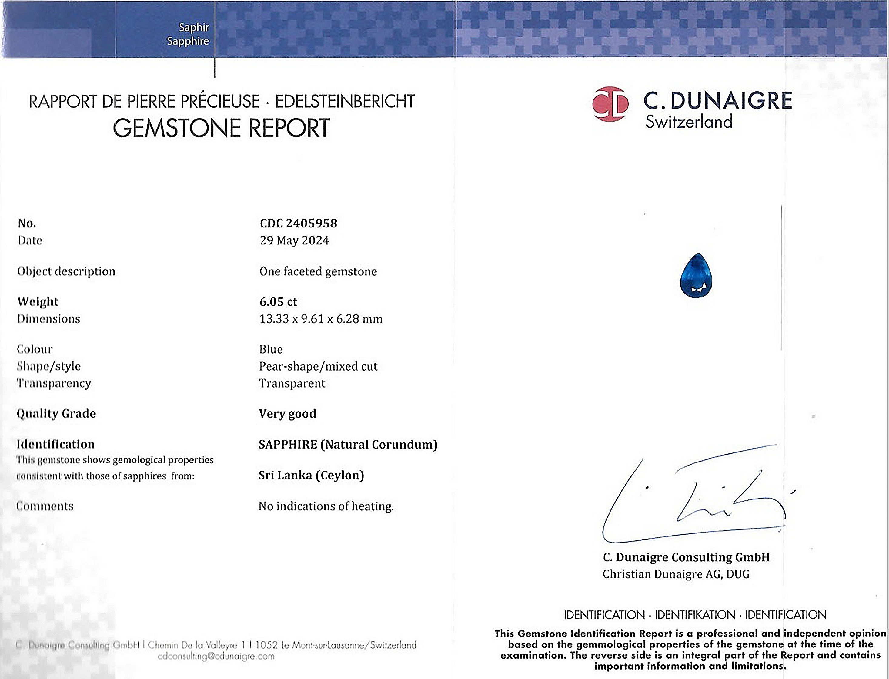 6.05 Ct. Blue Sapphire from Ceylon (Sri Lanka)