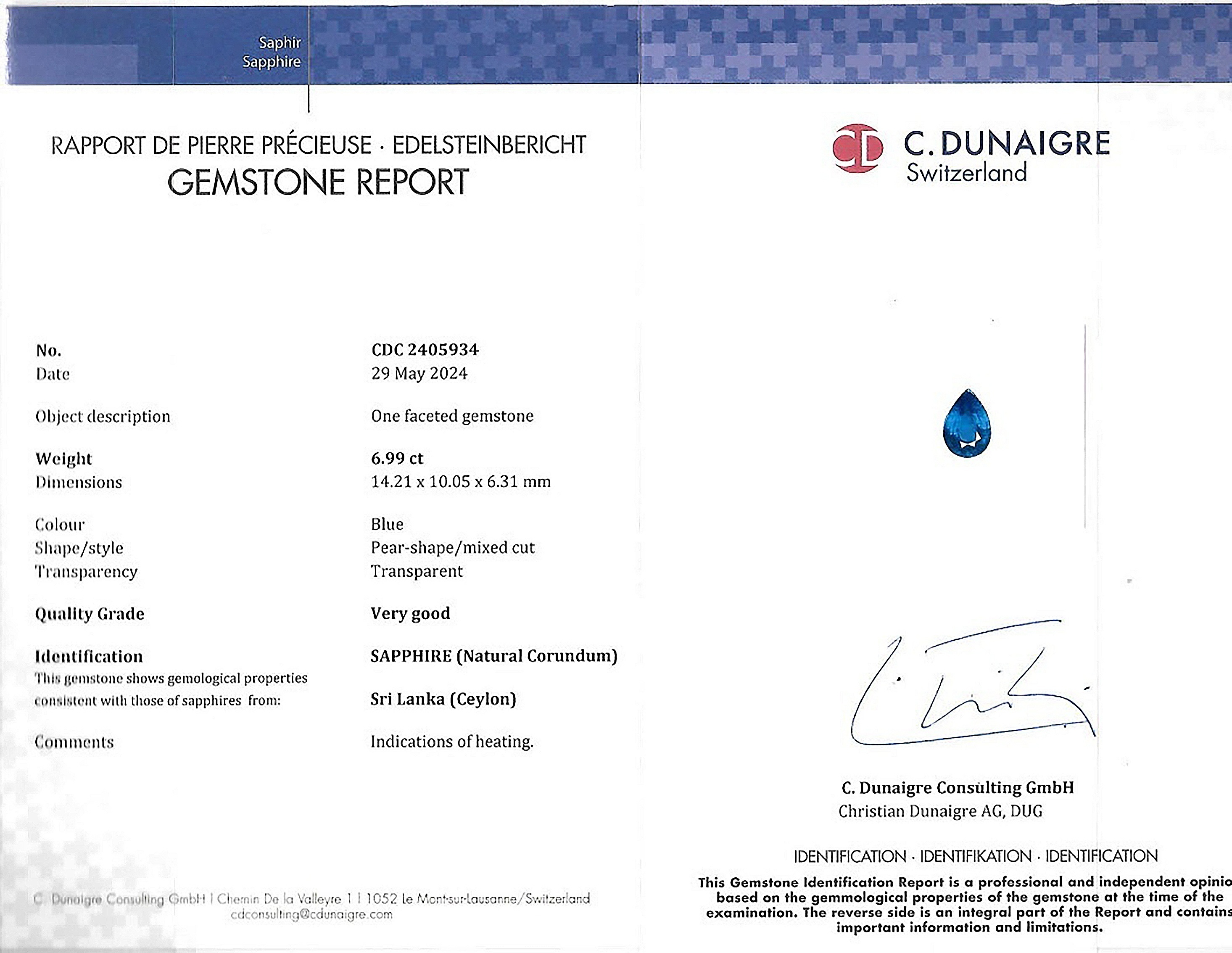 6.99 Ct. Blue Sapphire from Ceylon (Sri Lanka)