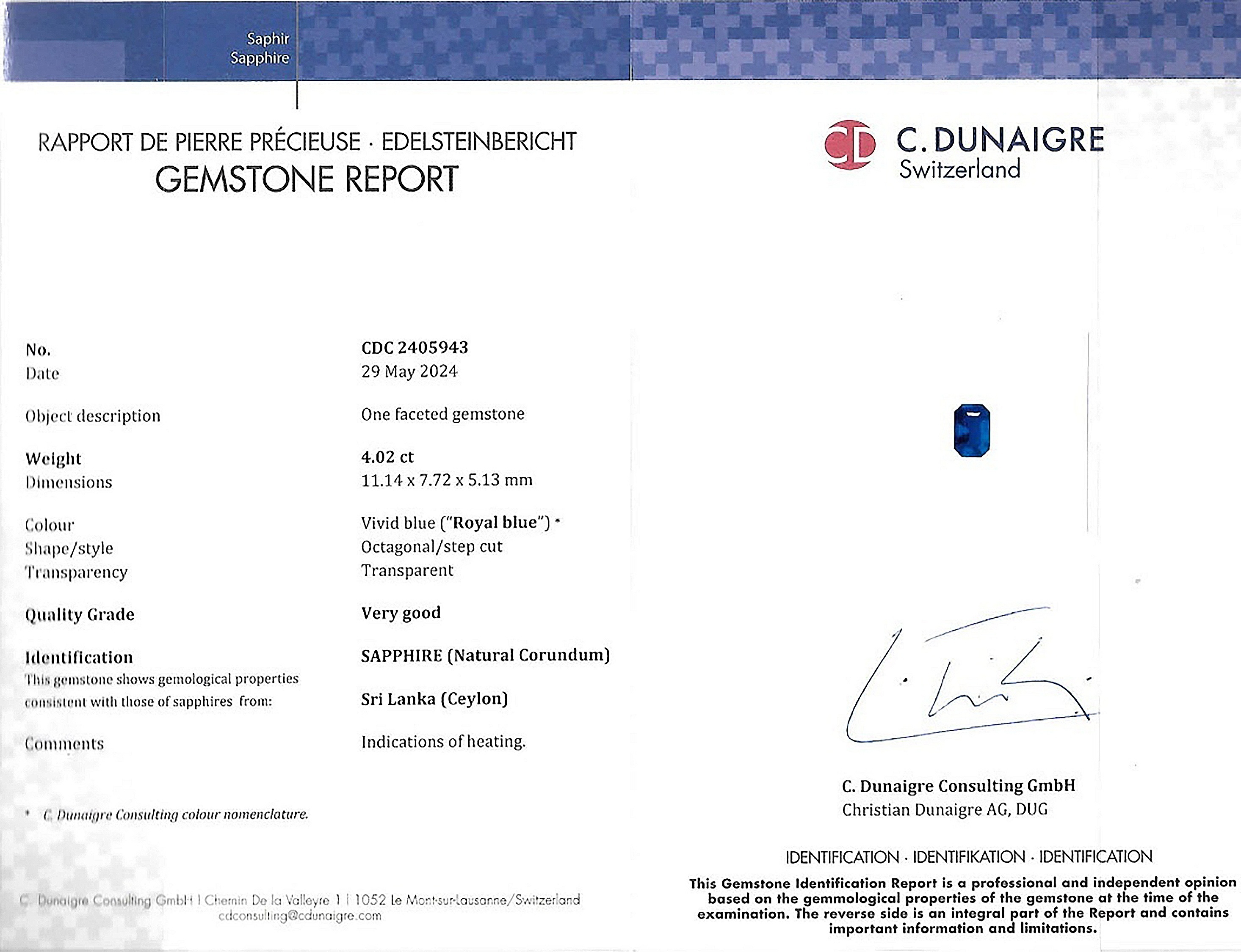 4.02 Ct. Blue Sapphire from Ceylon (Sri Lanka)