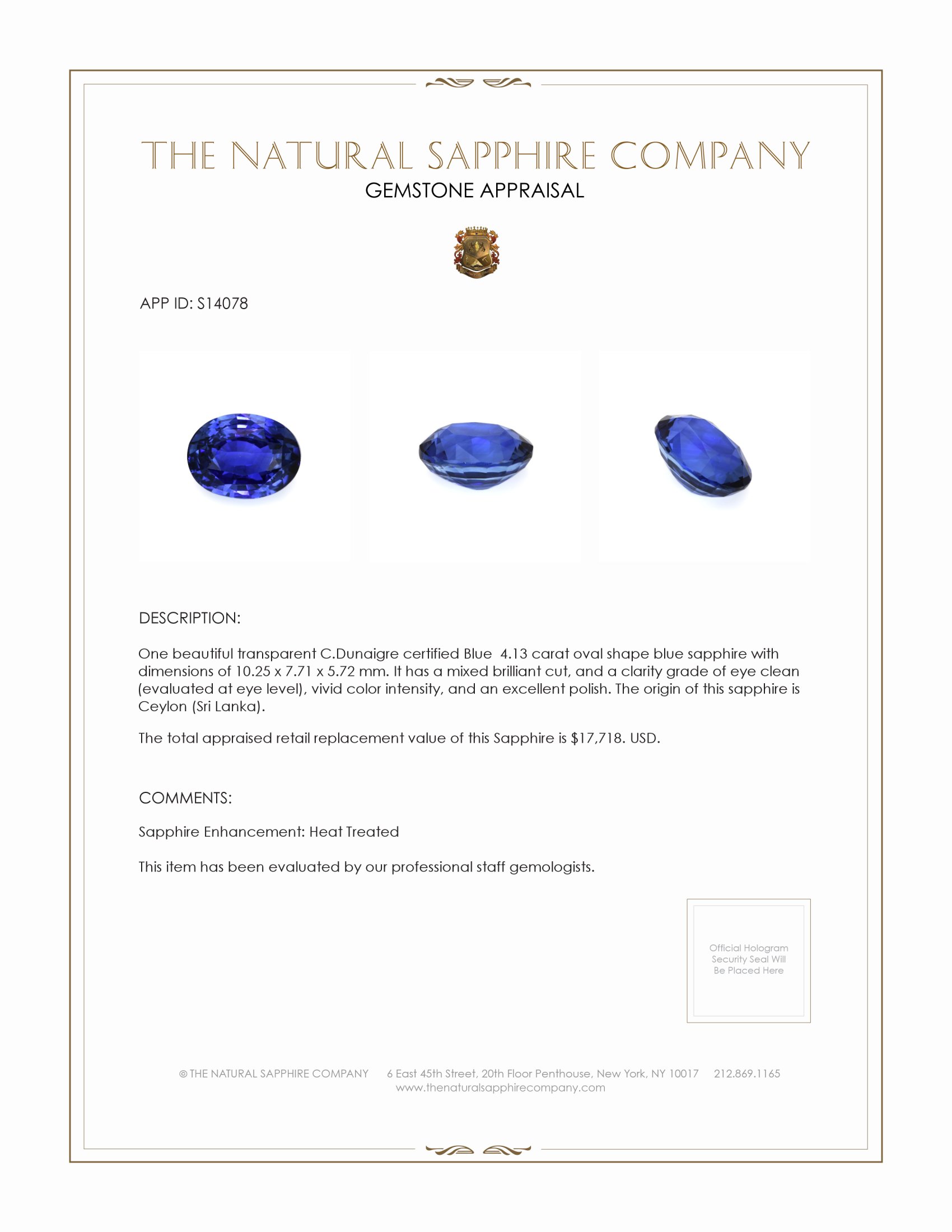 4.13 Ct. Blue Sapphire from Ceylon (Sri Lanka)