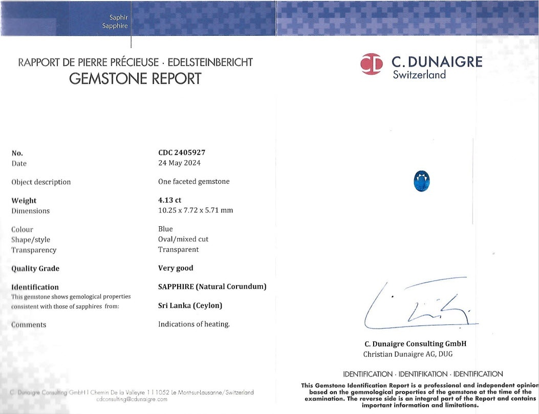 4.13 Ct. Blue Sapphire from Ceylon (Sri Lanka)