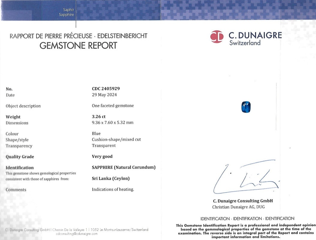 3.26 Ct. Blue Sapphire from Ceylon (Sri Lanka)