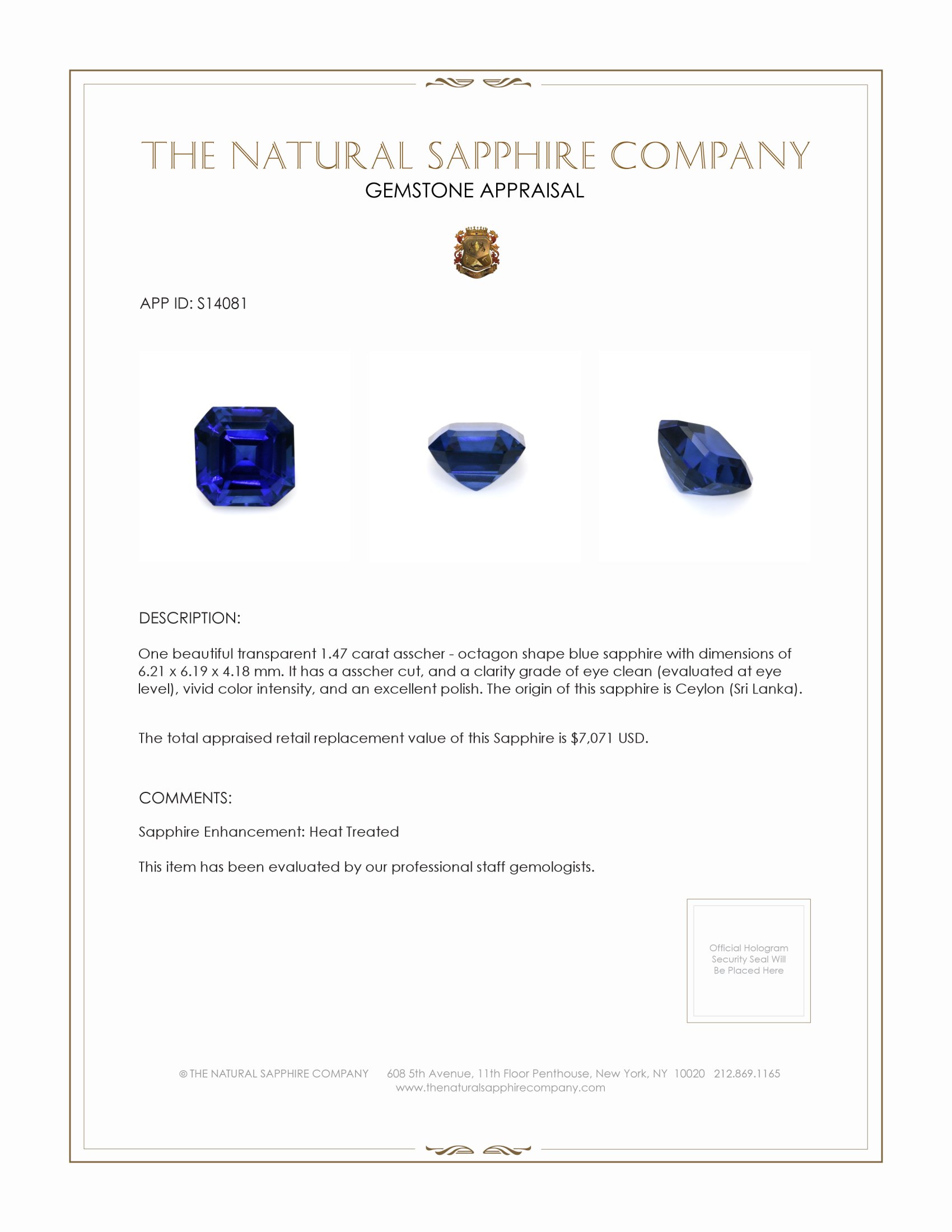 1.47 Ct. Blue Sapphire from Ceylon (Sri Lanka)