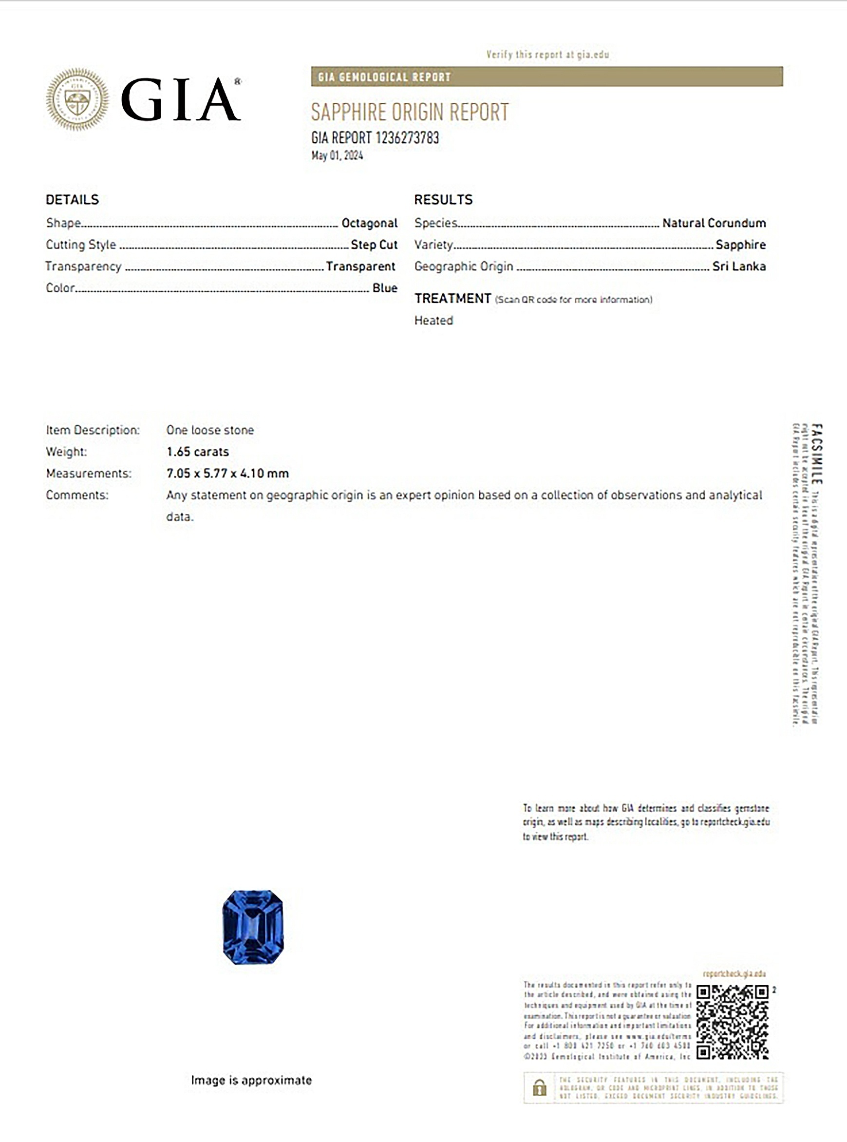 1.65 Ct. Blue Sapphire from Ceylon (Sri Lanka)