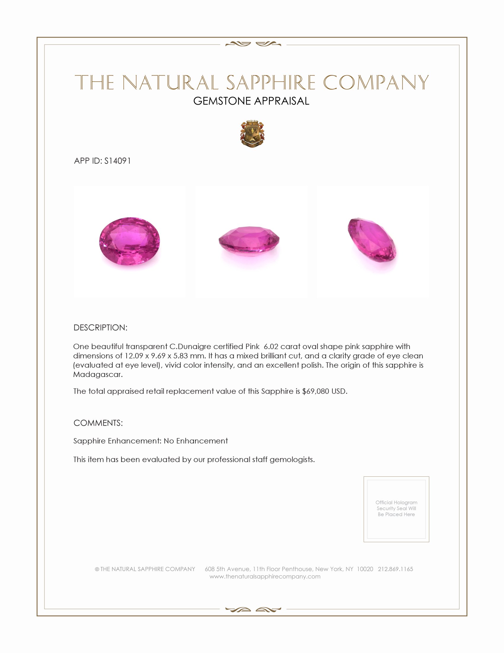 6.02 Ct. Pink Sapphire from Madagascar