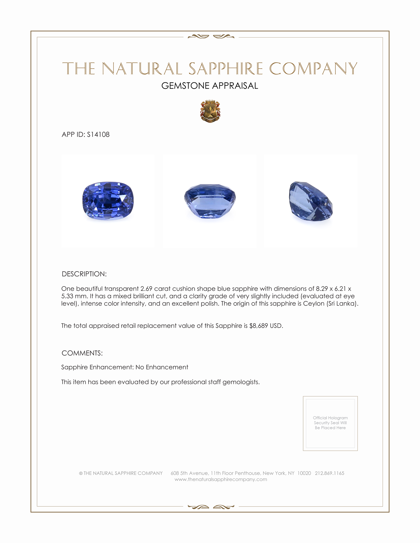 2.69 Ct. Blue Sapphire from Ceylon (Sri Lanka)
