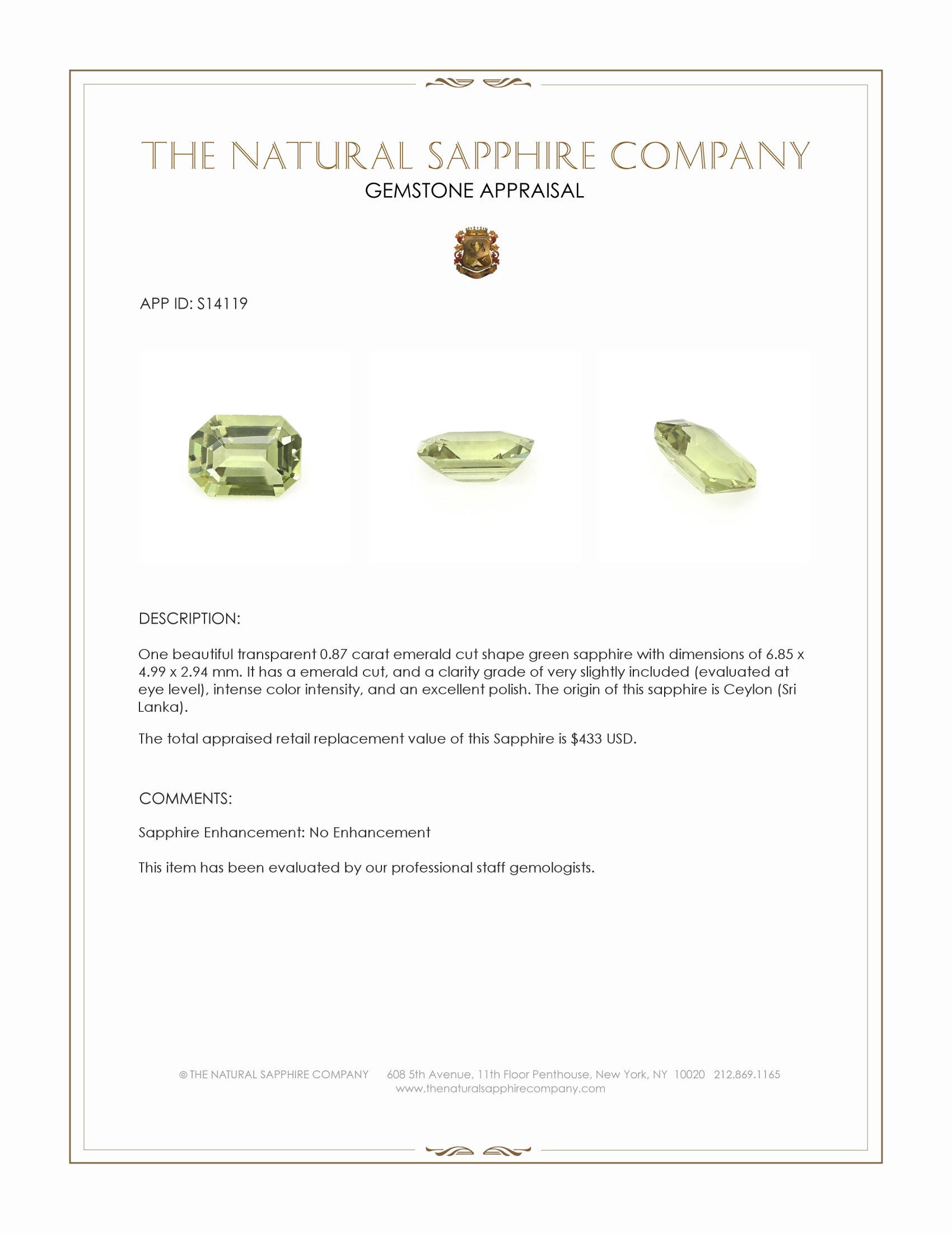 0.87 Ct. Green Sapphire from Ceylon (Sri Lanka)