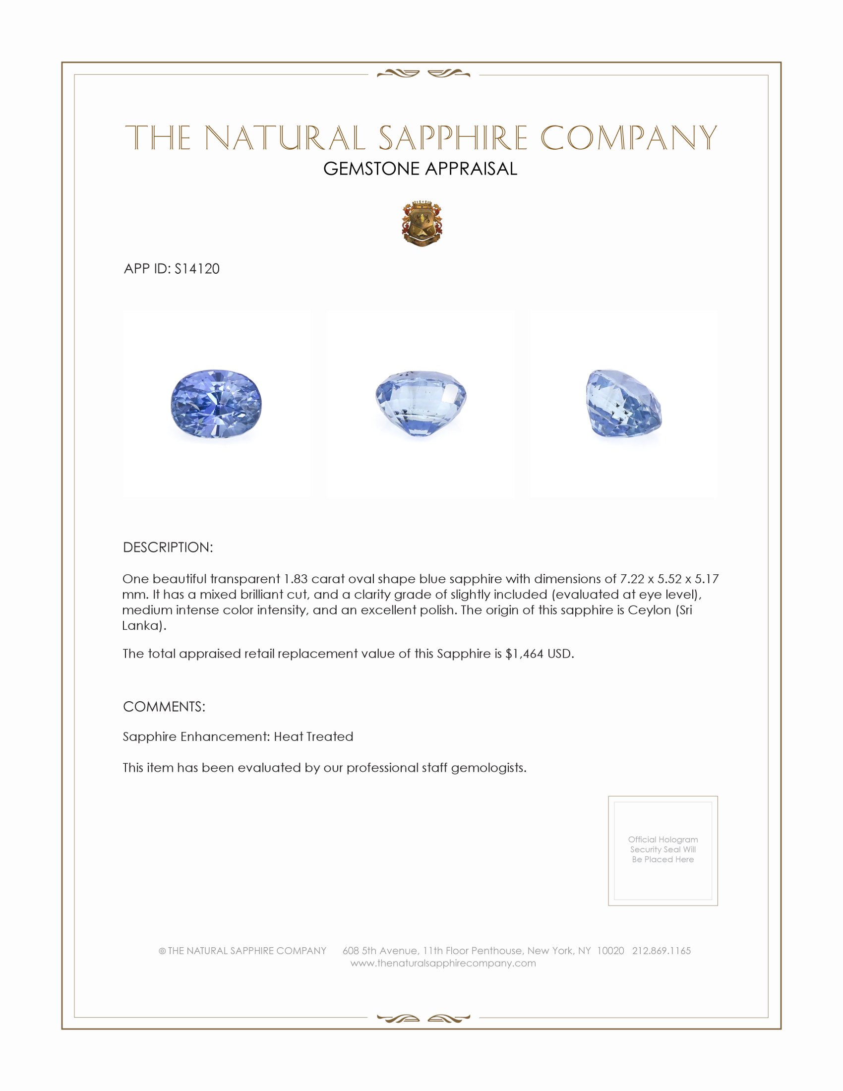 1.83 Ct. Blue Sapphire from Ceylon (Sri Lanka)