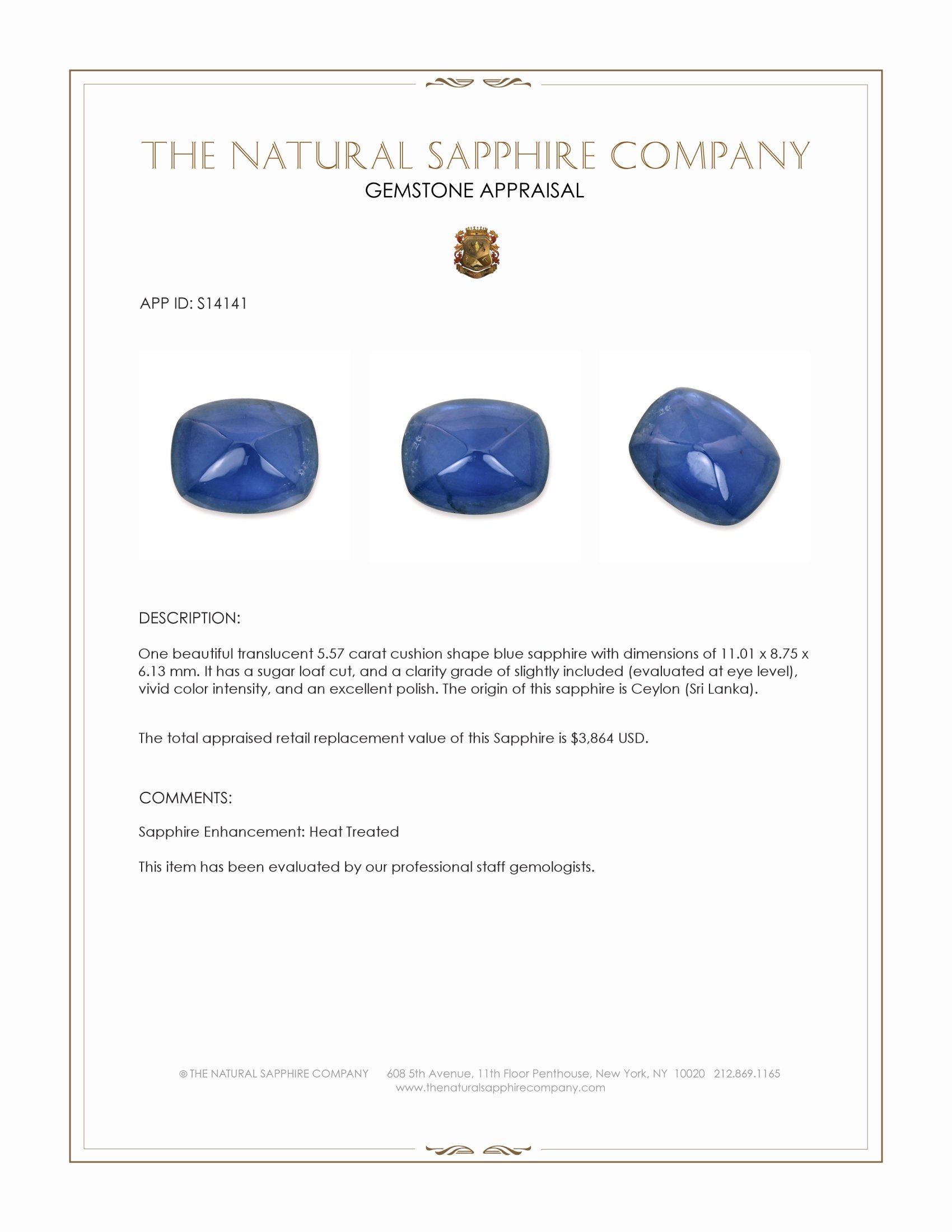 5.57 Ct. Blue Cabochon Sapphire from Ceylon (Sri Lanka)