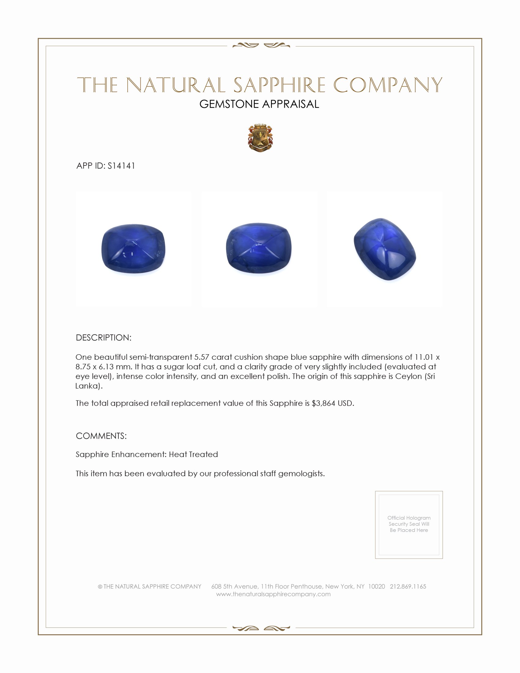 5.57 Ct. Blue Cabochon Sapphire from Ceylon (Sri Lanka)