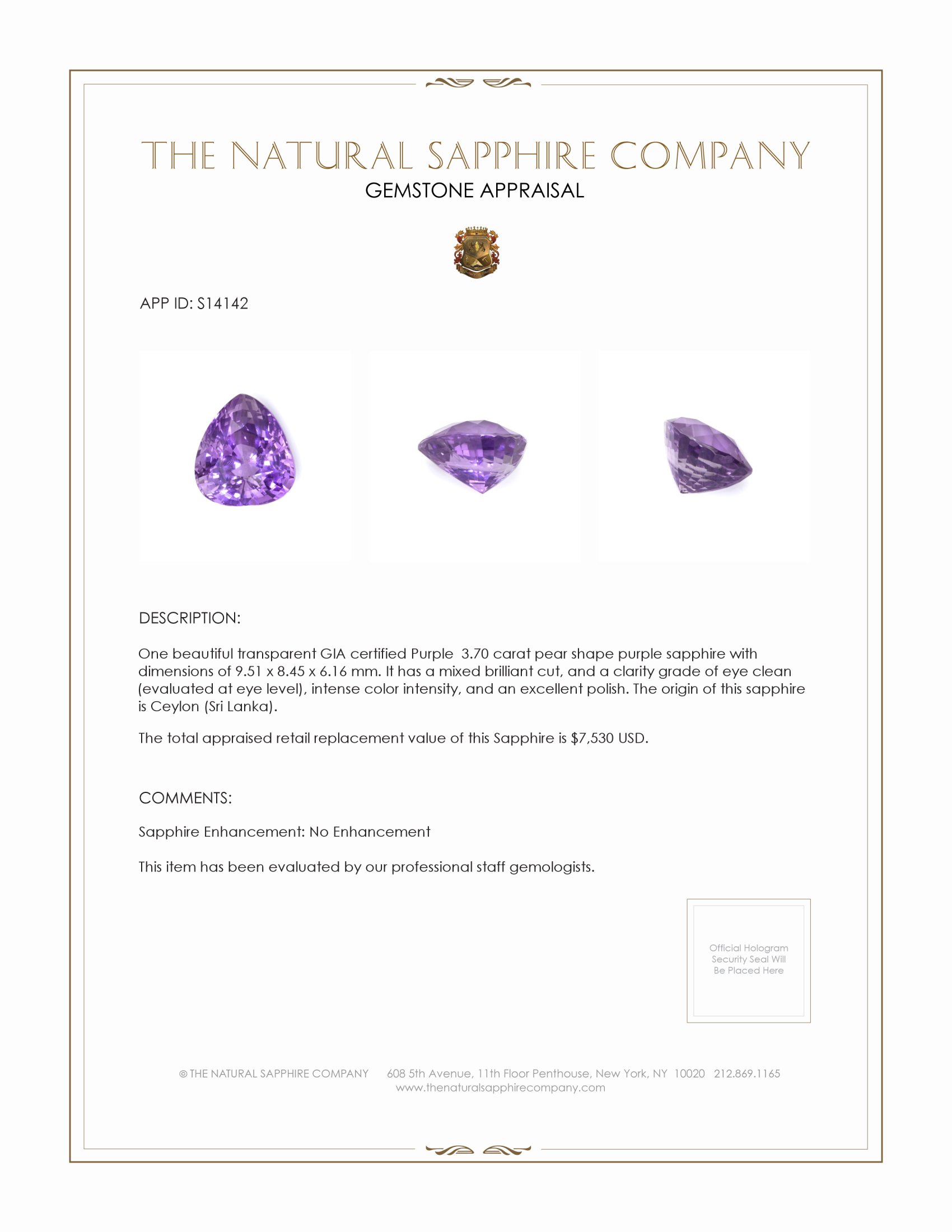 3.70 Ct. Purple Sapphire from Ceylon (Sri Lanka)