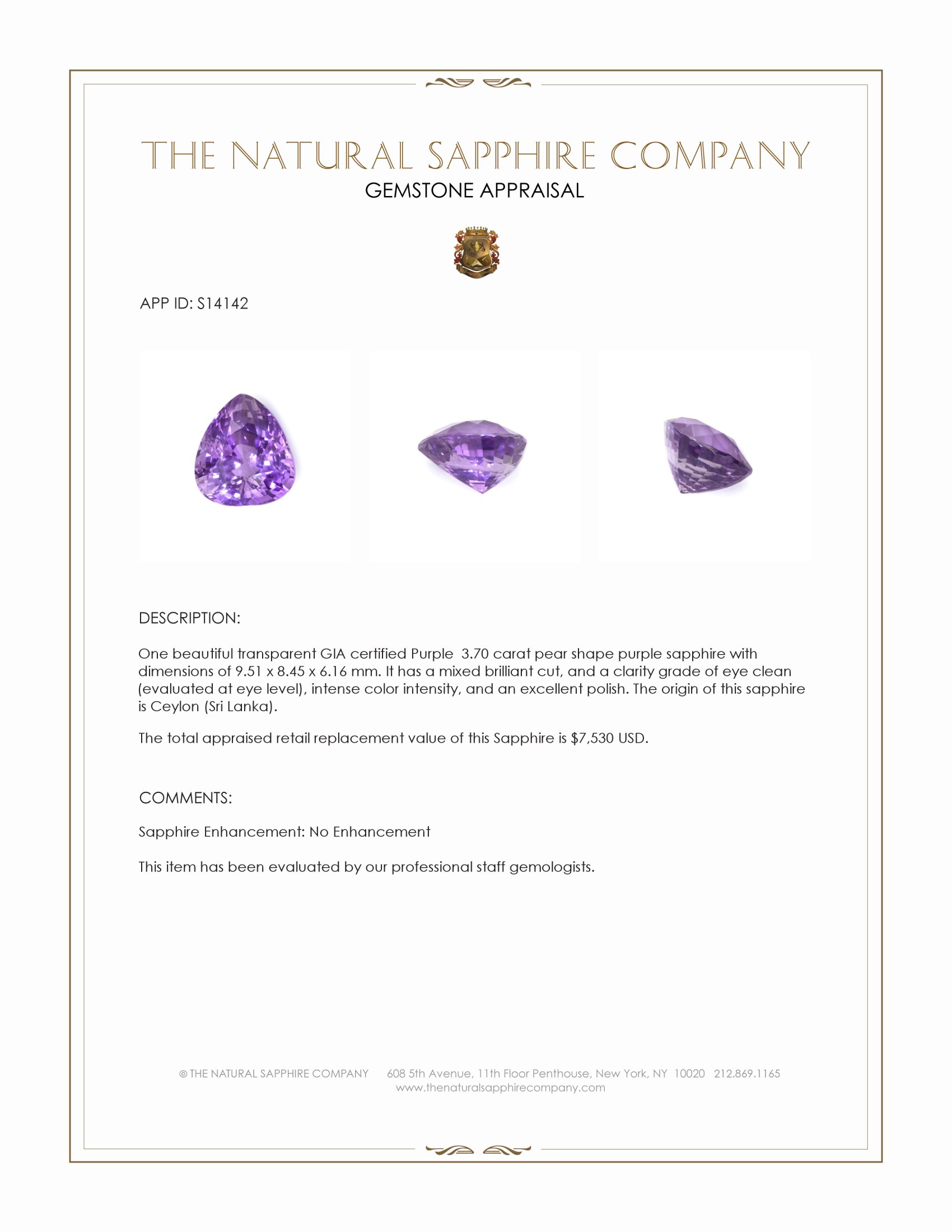 3.70 Ct. Purple Sapphire from Ceylon (Sri Lanka)