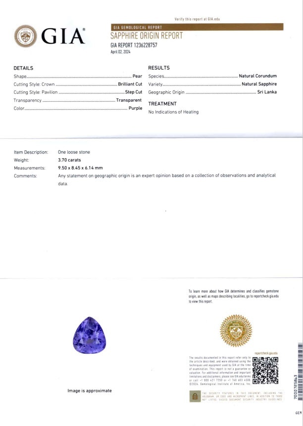 3.70 Ct. Purple Sapphire from Ceylon (Sri Lanka)