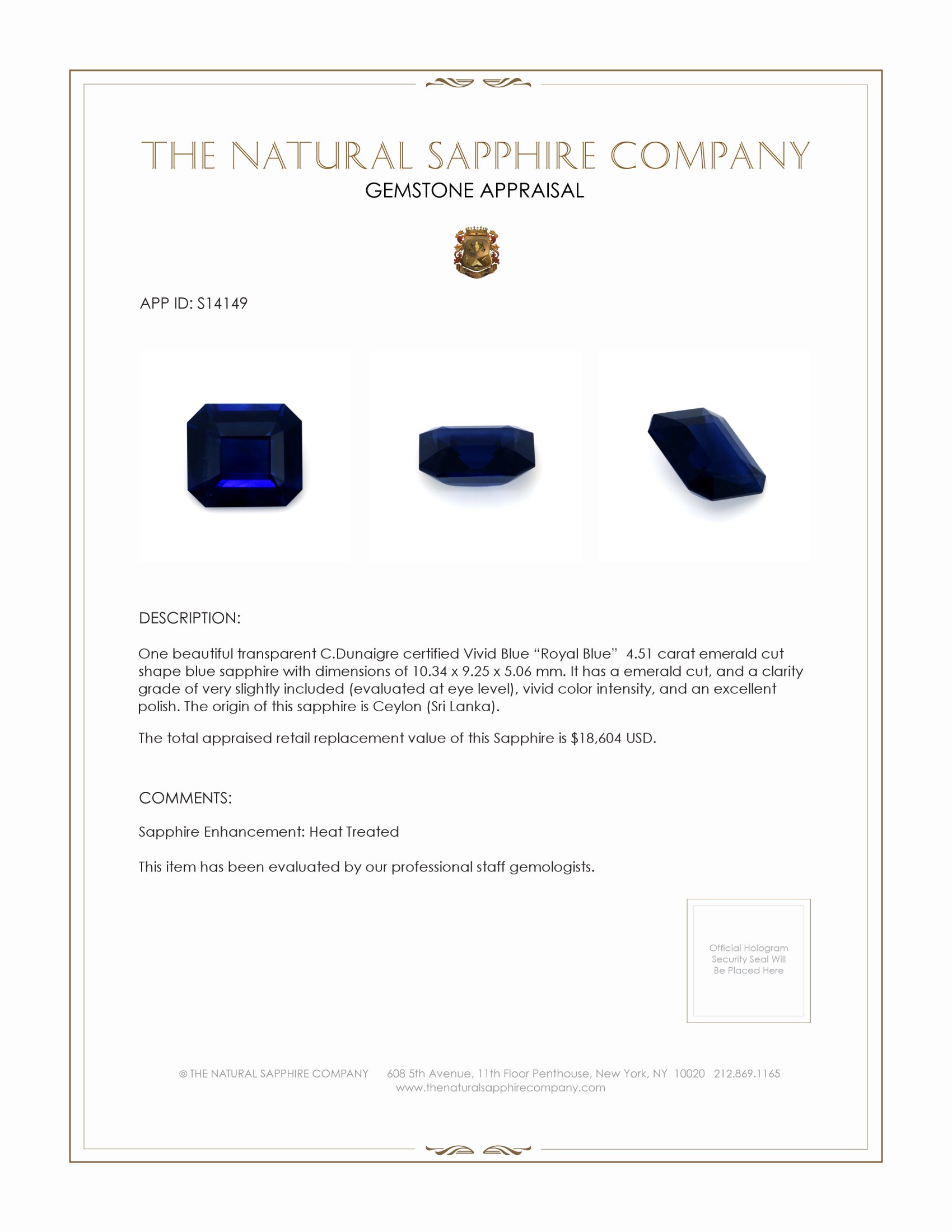 4.51 Ct. Blue Sapphire from Ceylon (Sri Lanka)