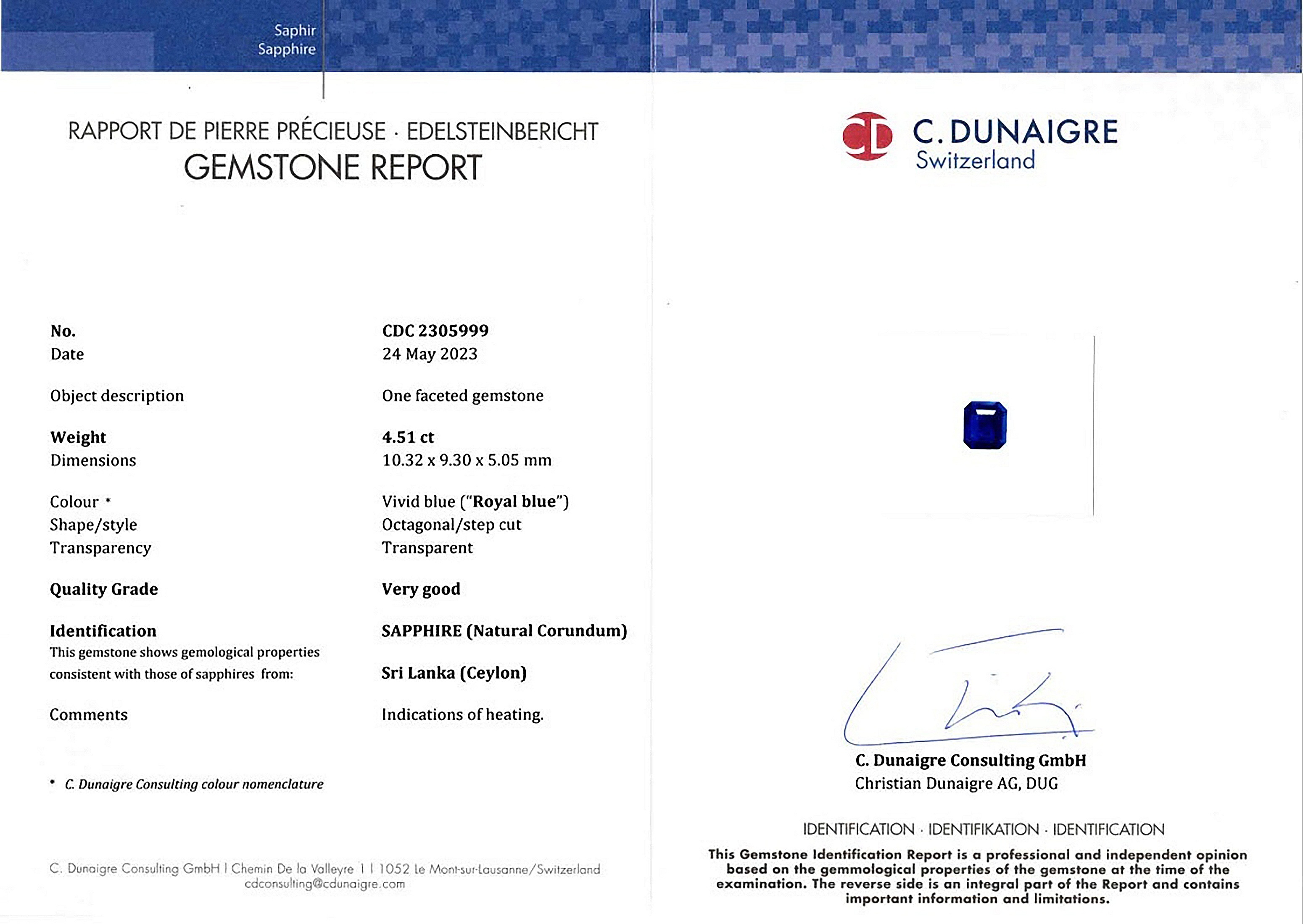 4.51 Ct. Blue Sapphire from Ceylon (Sri Lanka)