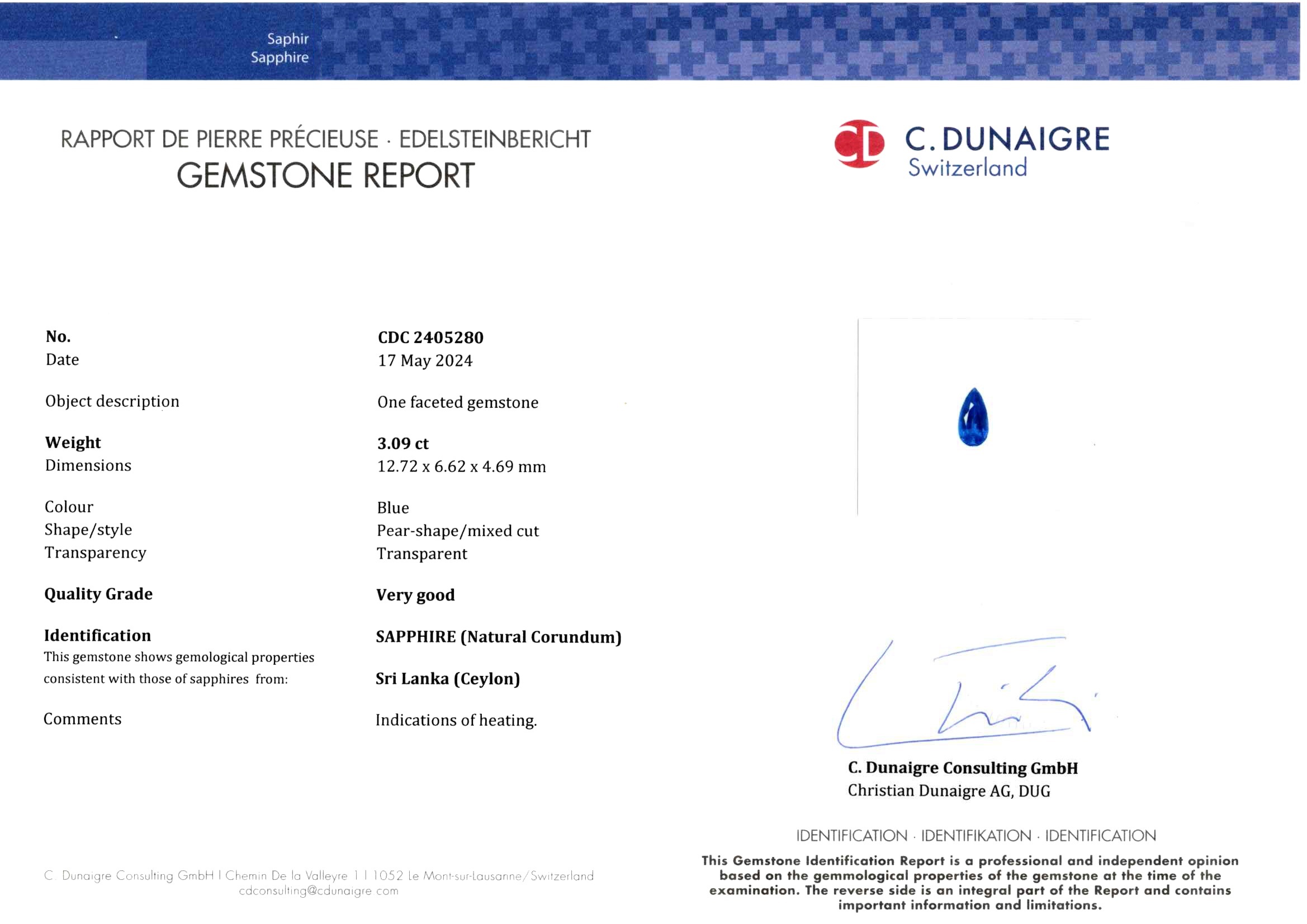 3.09 Ct. Blue Sapphire from Ceylon (Sri Lanka)