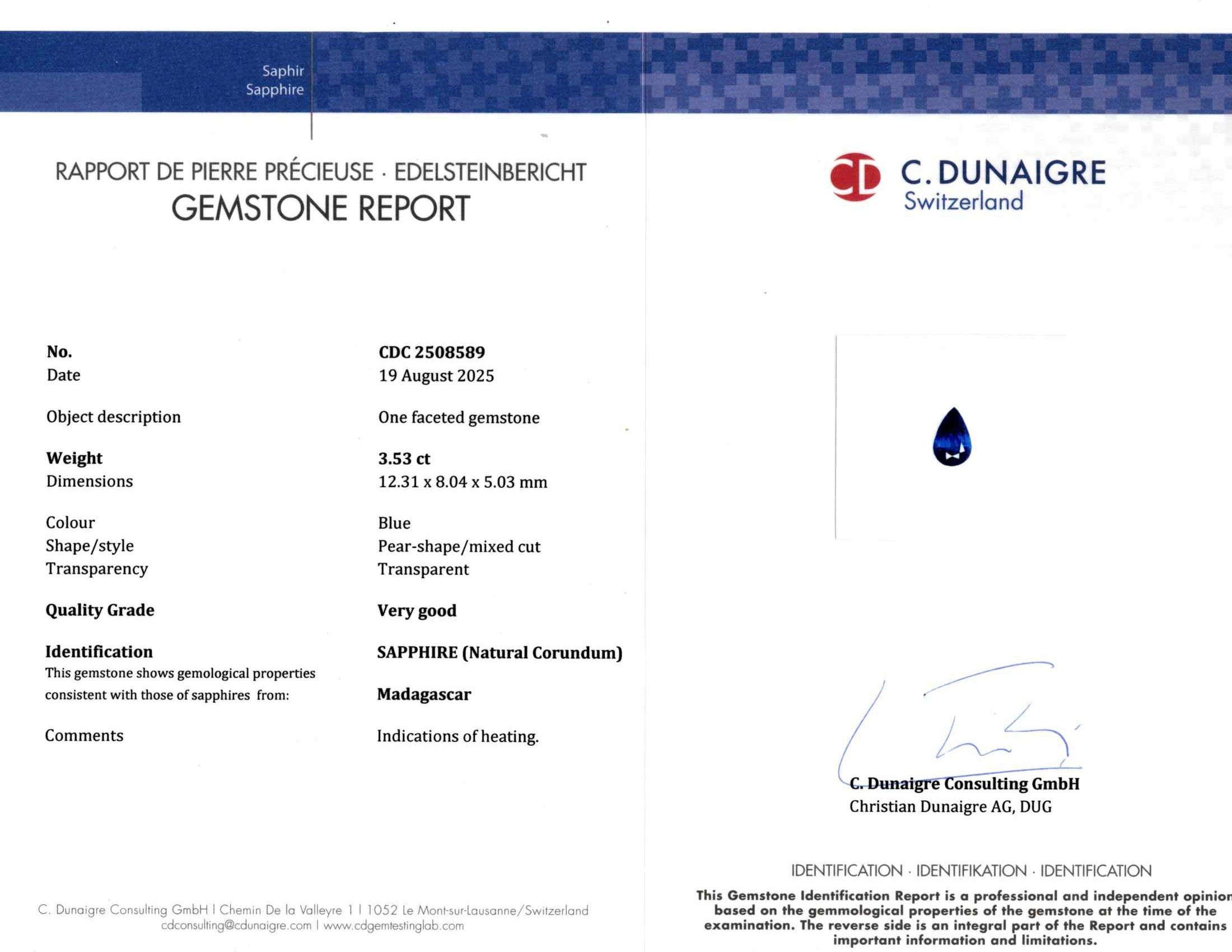 3.53 Ct. Blue Sapphire from Madagascar