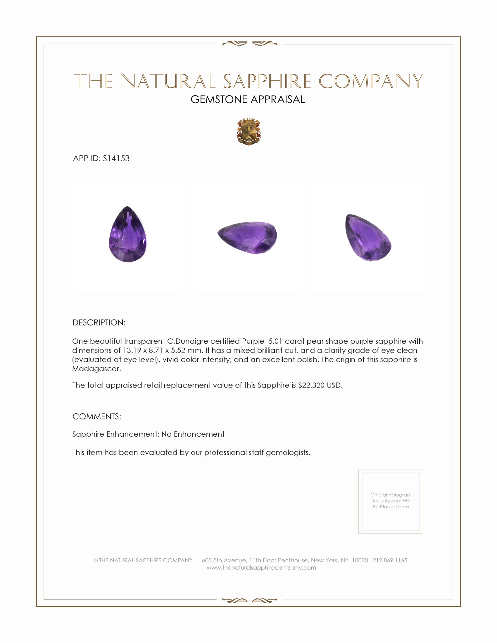 5.01 Ct. Purple Sapphire from Madagascar