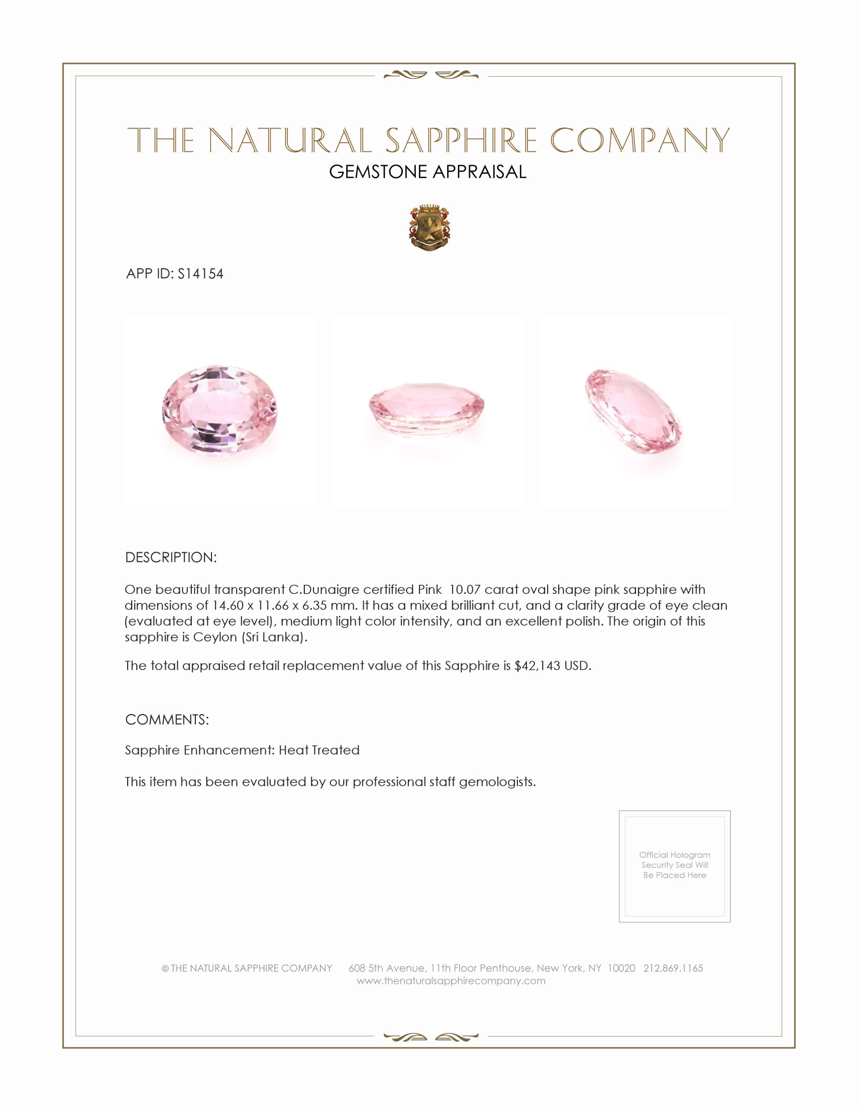 10.07 Ct. Pink Sapphire from Ceylon (Sri Lanka)