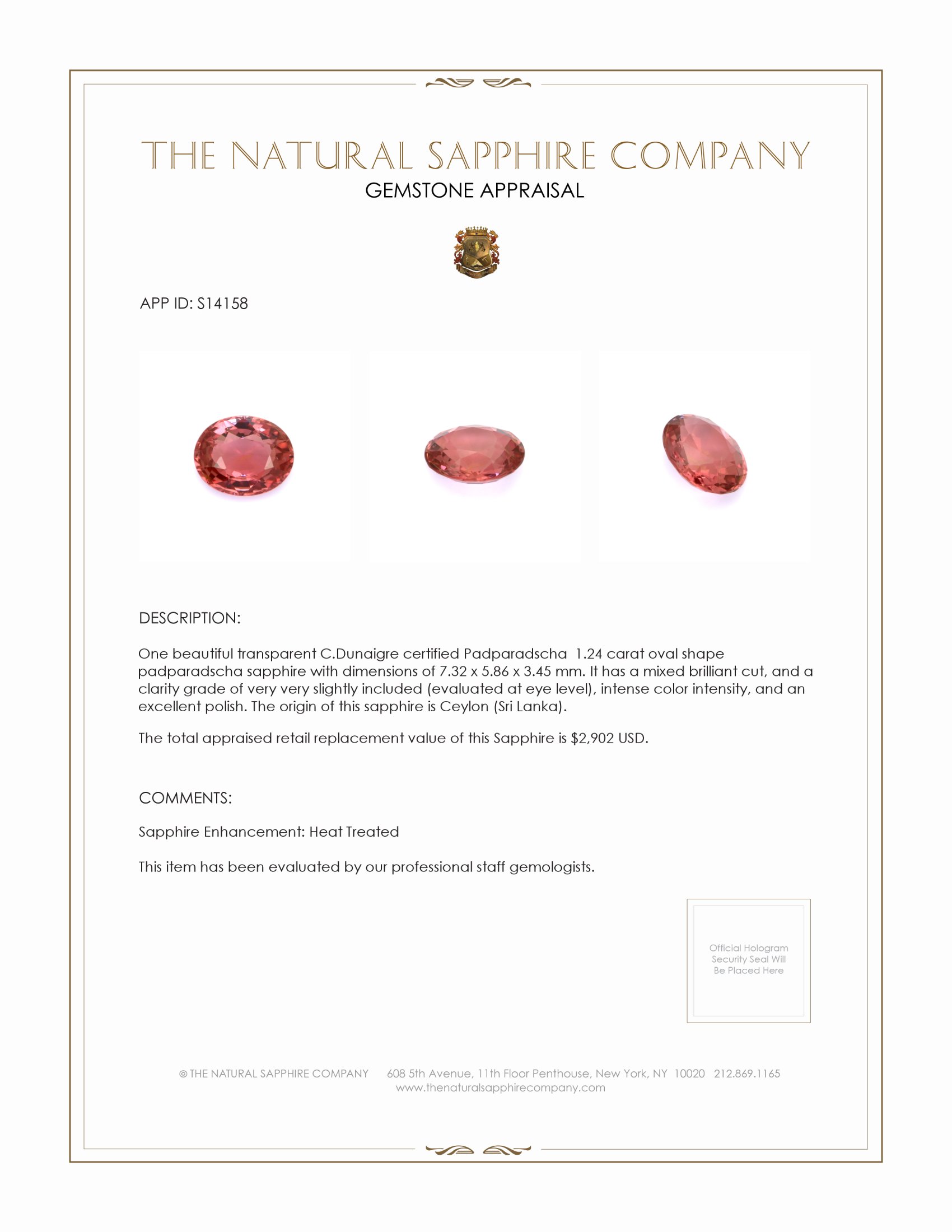 1.24 Ct. Padparadscha Sapphire from Ceylon (Sri Lanka)