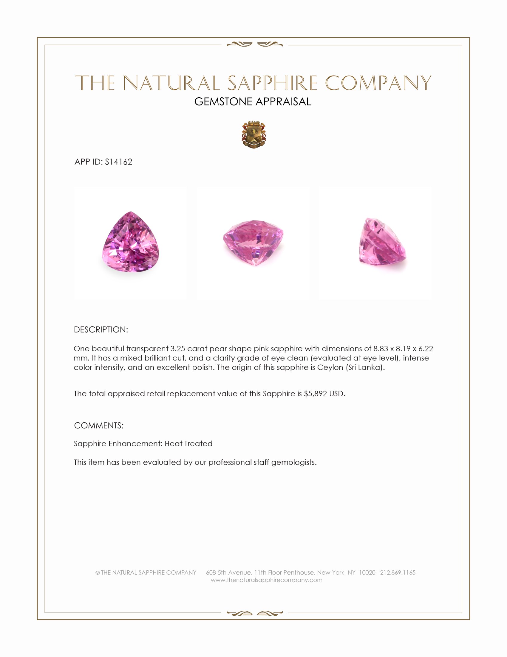 3.25 Ct. Pink Sapphire from Ceylon (Sri Lanka)