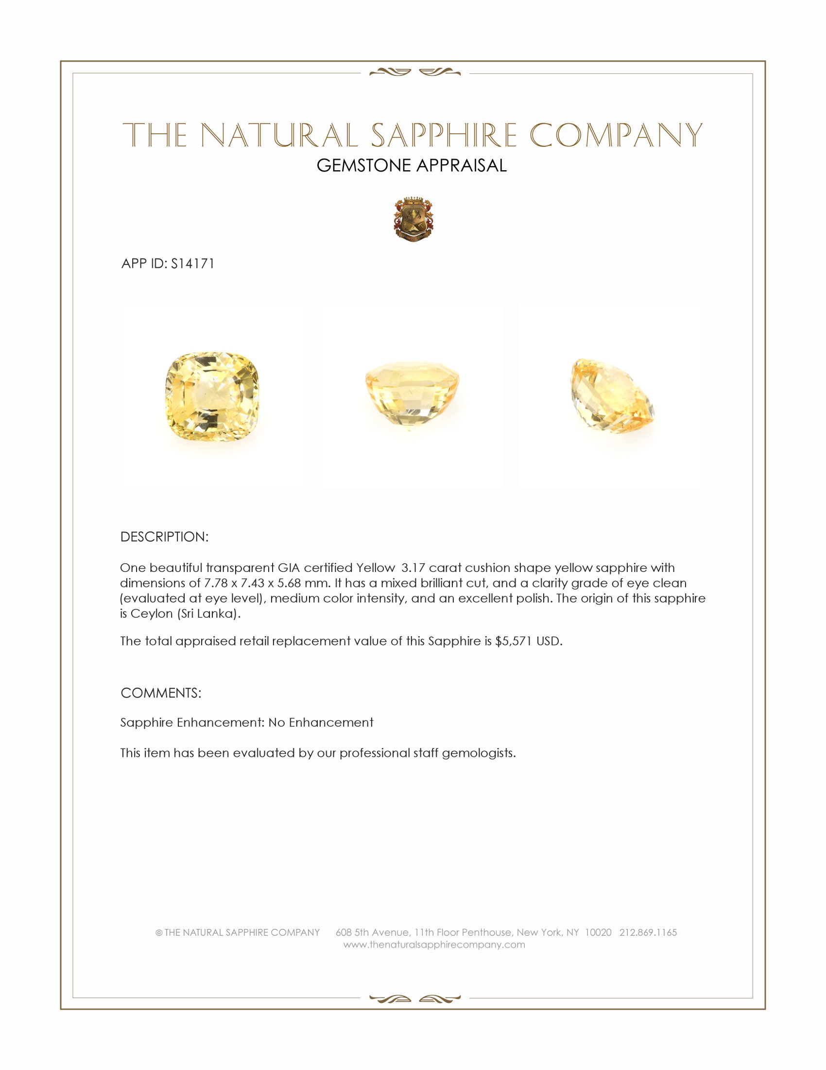 3.17 Ct. Yellow Sapphire from Ceylon (Sri Lanka)