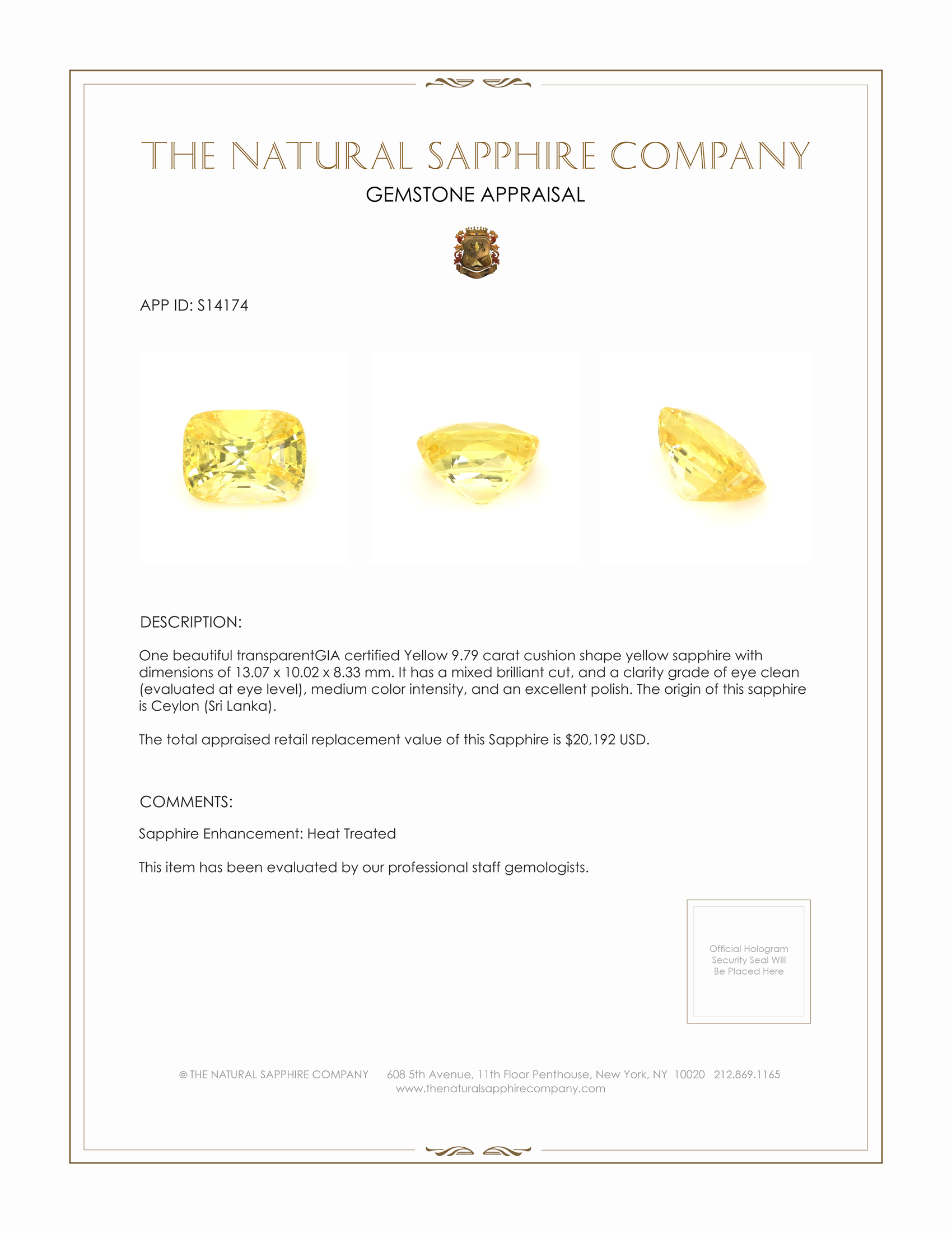 9.79 Ct. Yellow Sapphire from Ceylon (Sri Lanka)