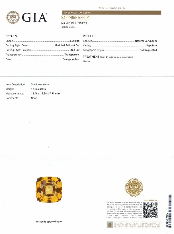 12.26 Ct. Orangish Yellow Sapphire from Ceylon (Sri Lanka)