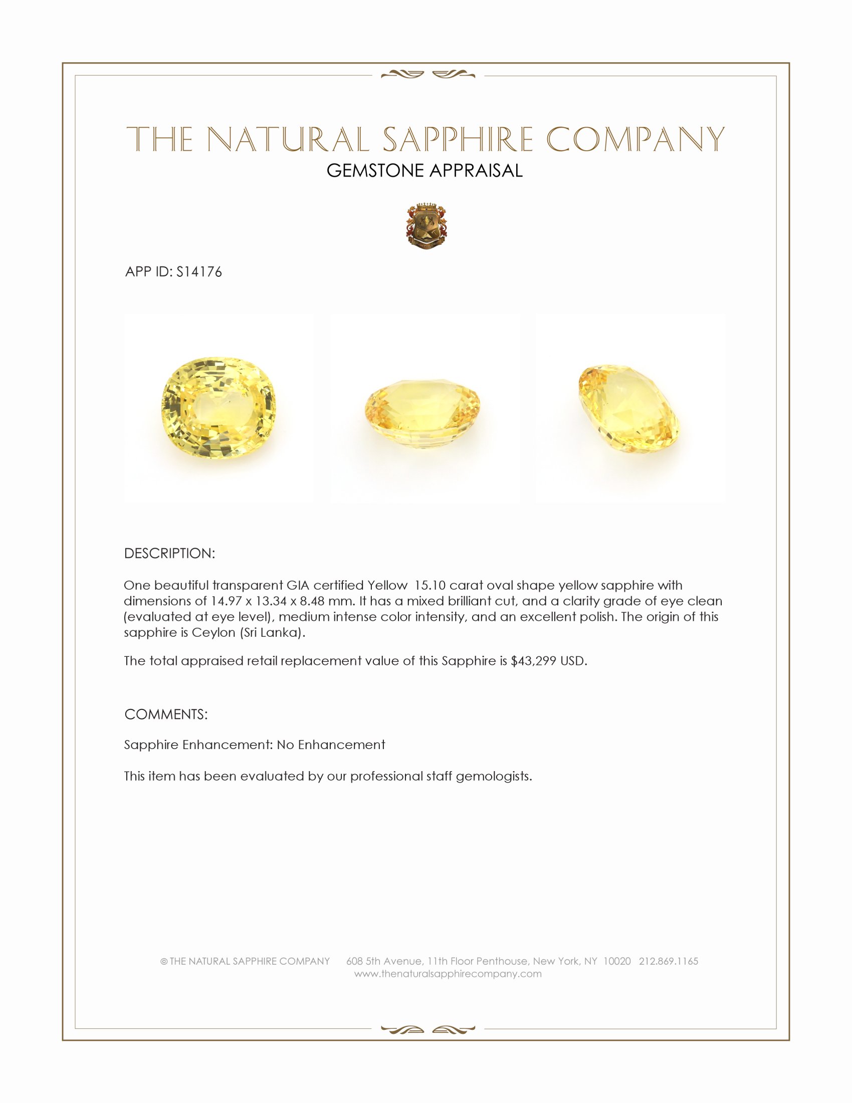 15.10 Ct. Yellow Sapphire from Ceylon (Sri Lanka)