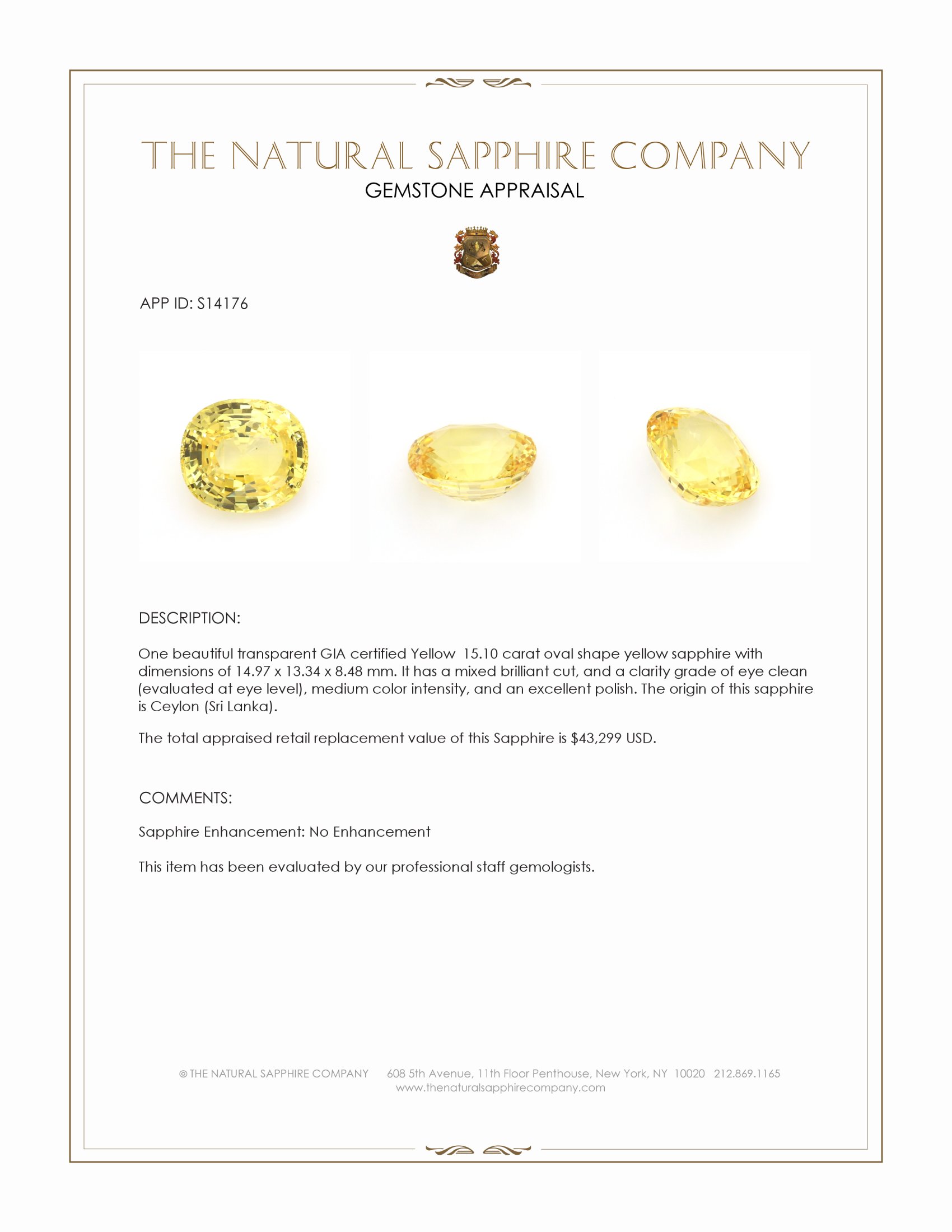 15.10 Ct. Yellow Sapphire from Ceylon (Sri Lanka)