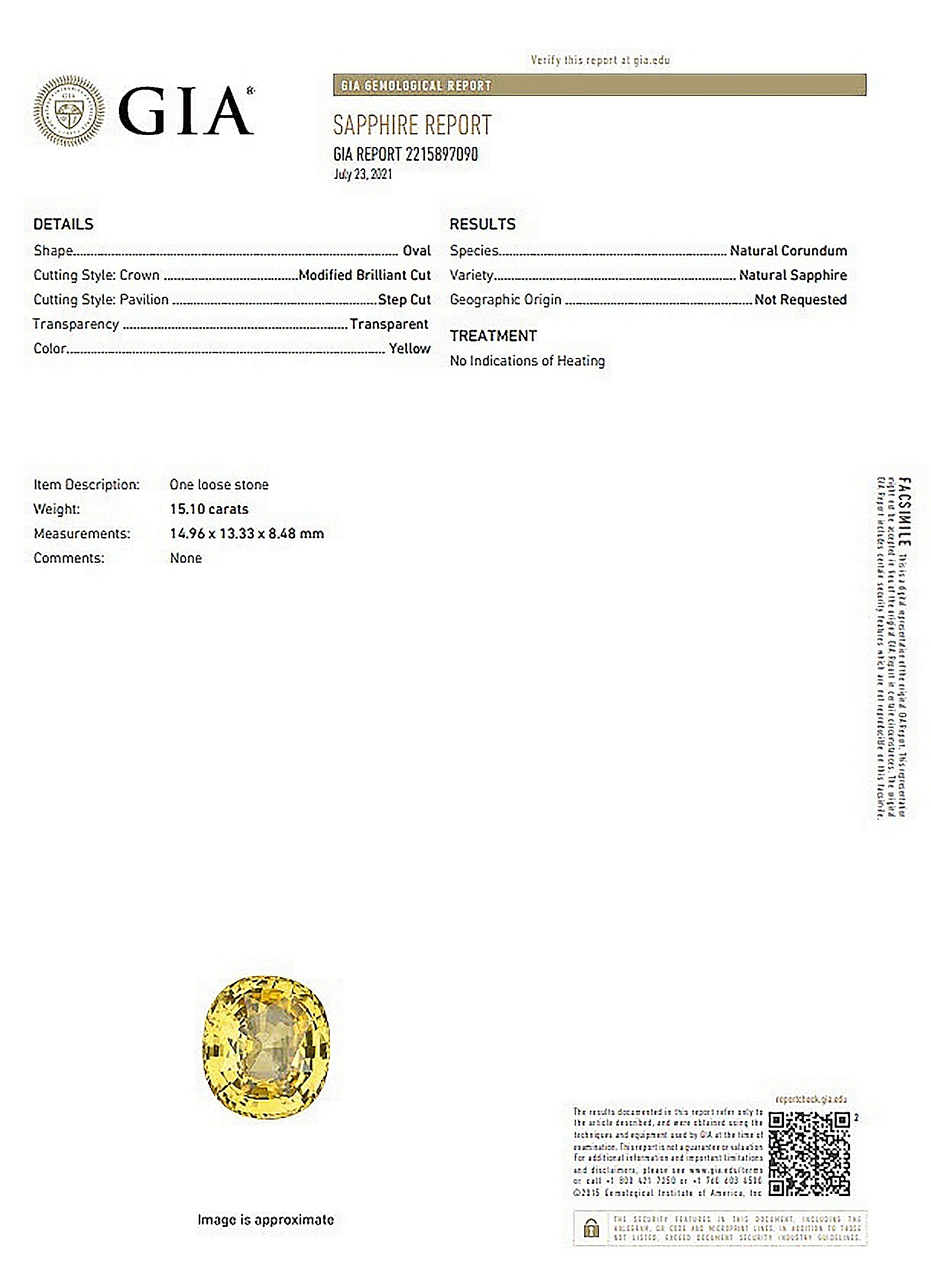 15.10 Ct. Yellow Sapphire from Ceylon (Sri Lanka)