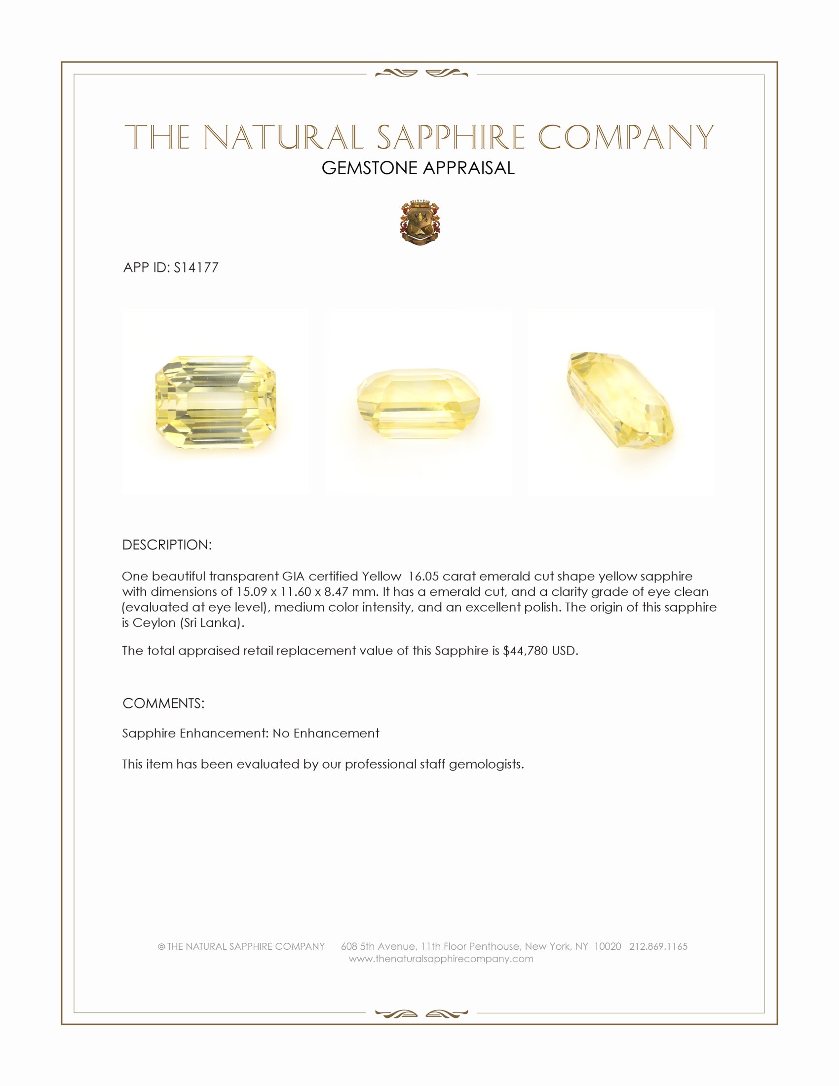 16.05 Ct. Yellow Sapphire from Ceylon (Sri Lanka)