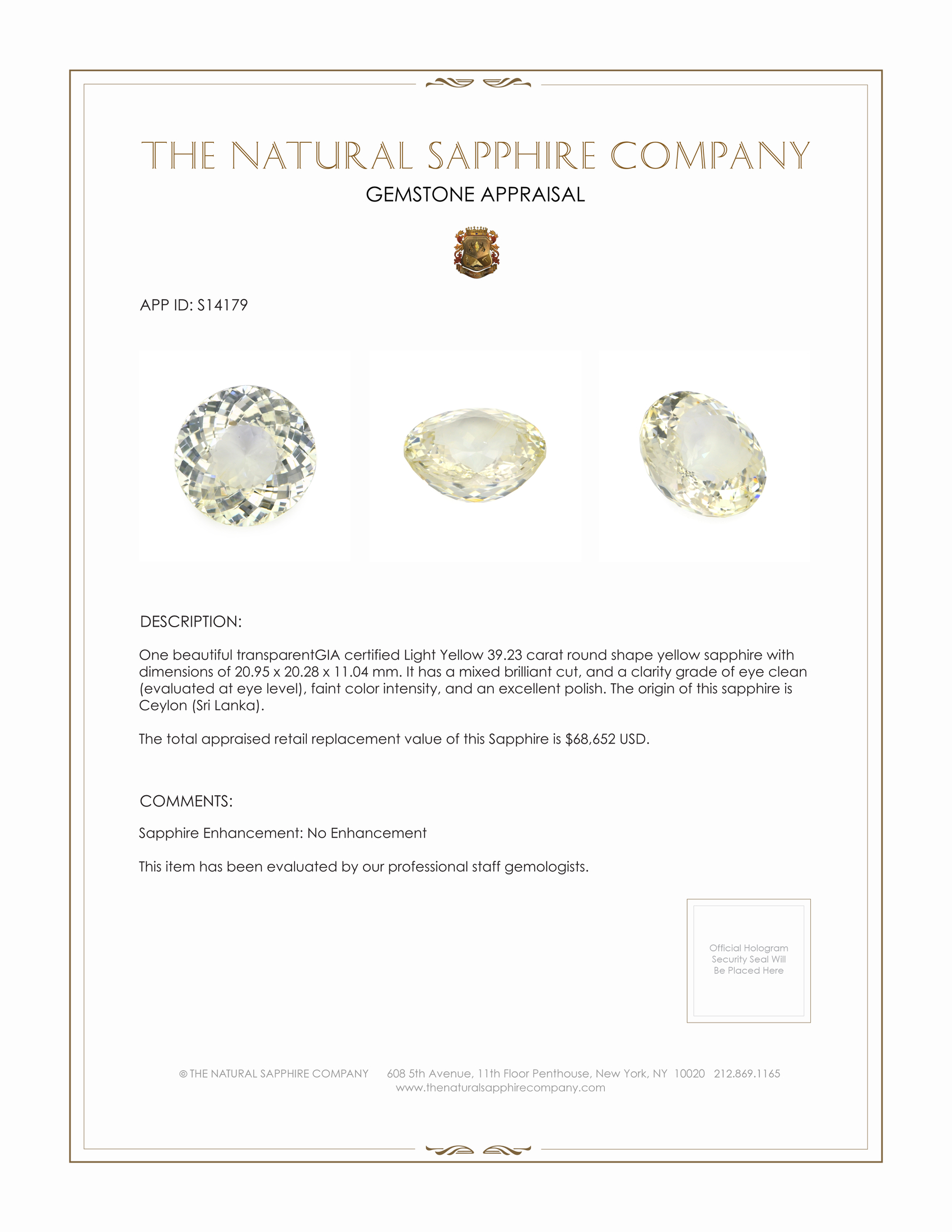 39.23 Ct. Yellow Sapphire from Ceylon (Sri Lanka)