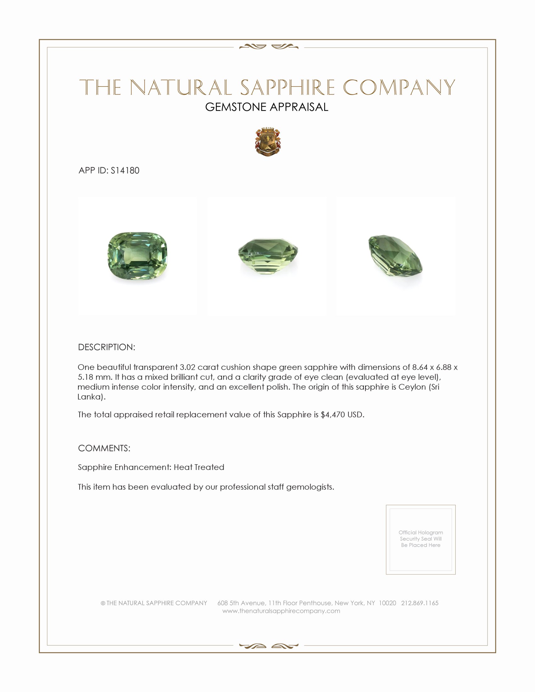 3.02 Ct. Green Sapphire from Ceylon (Sri Lanka)