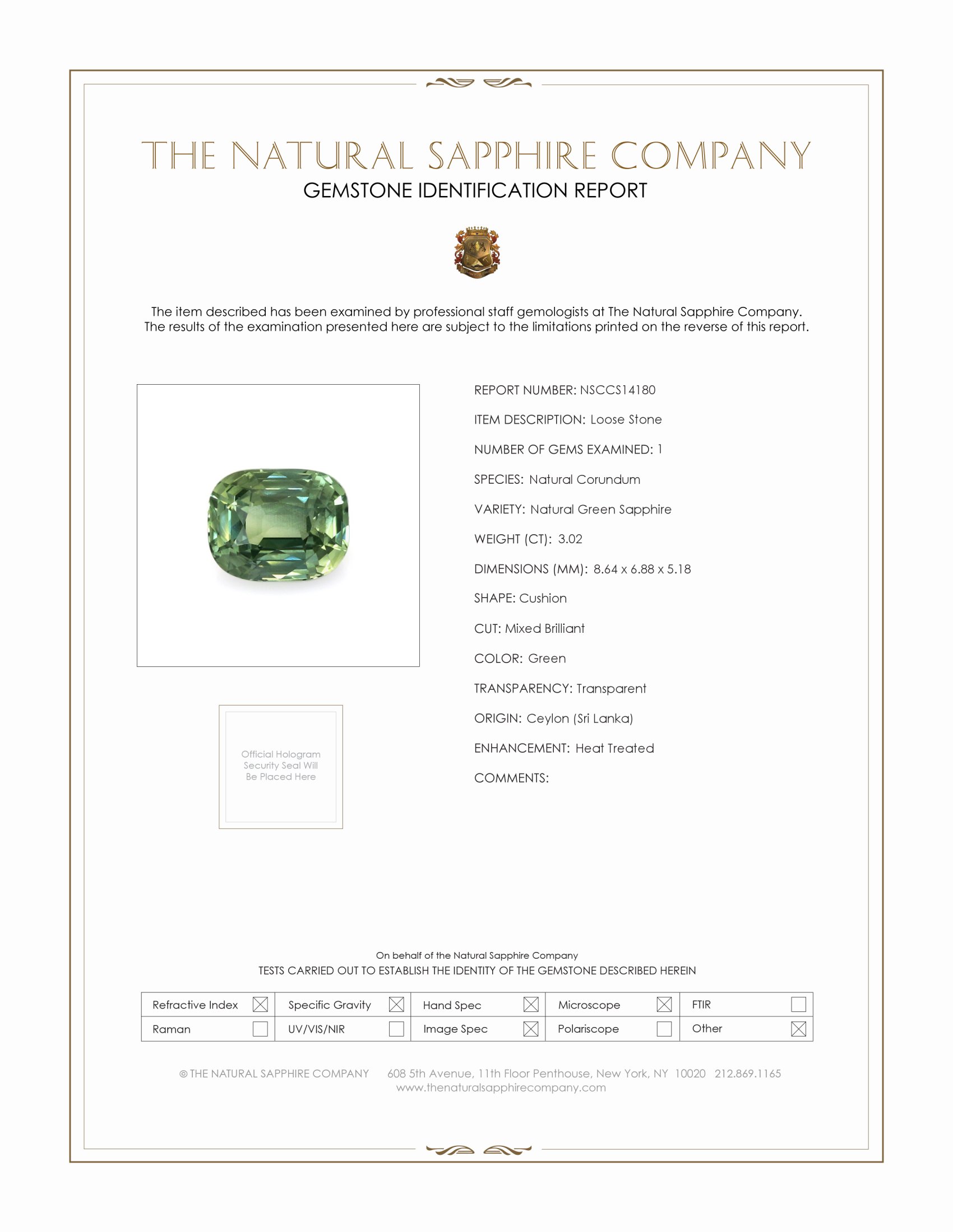 3.02 Ct. Green Sapphire from Ceylon (Sri Lanka)