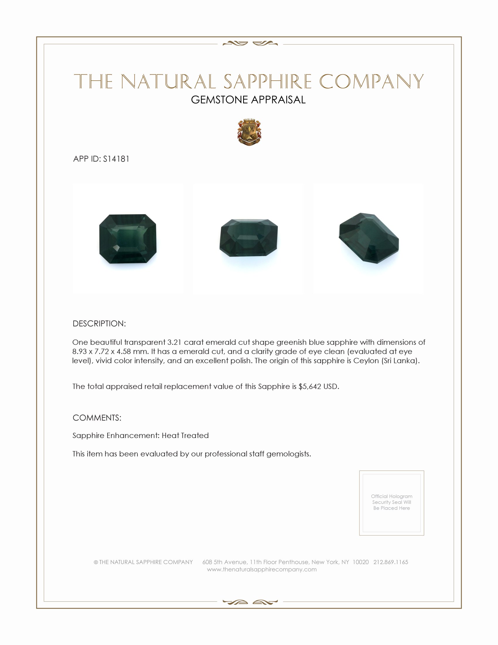 3.21 Ct. Greenish Blue Sapphire from Ceylon (Sri Lanka)