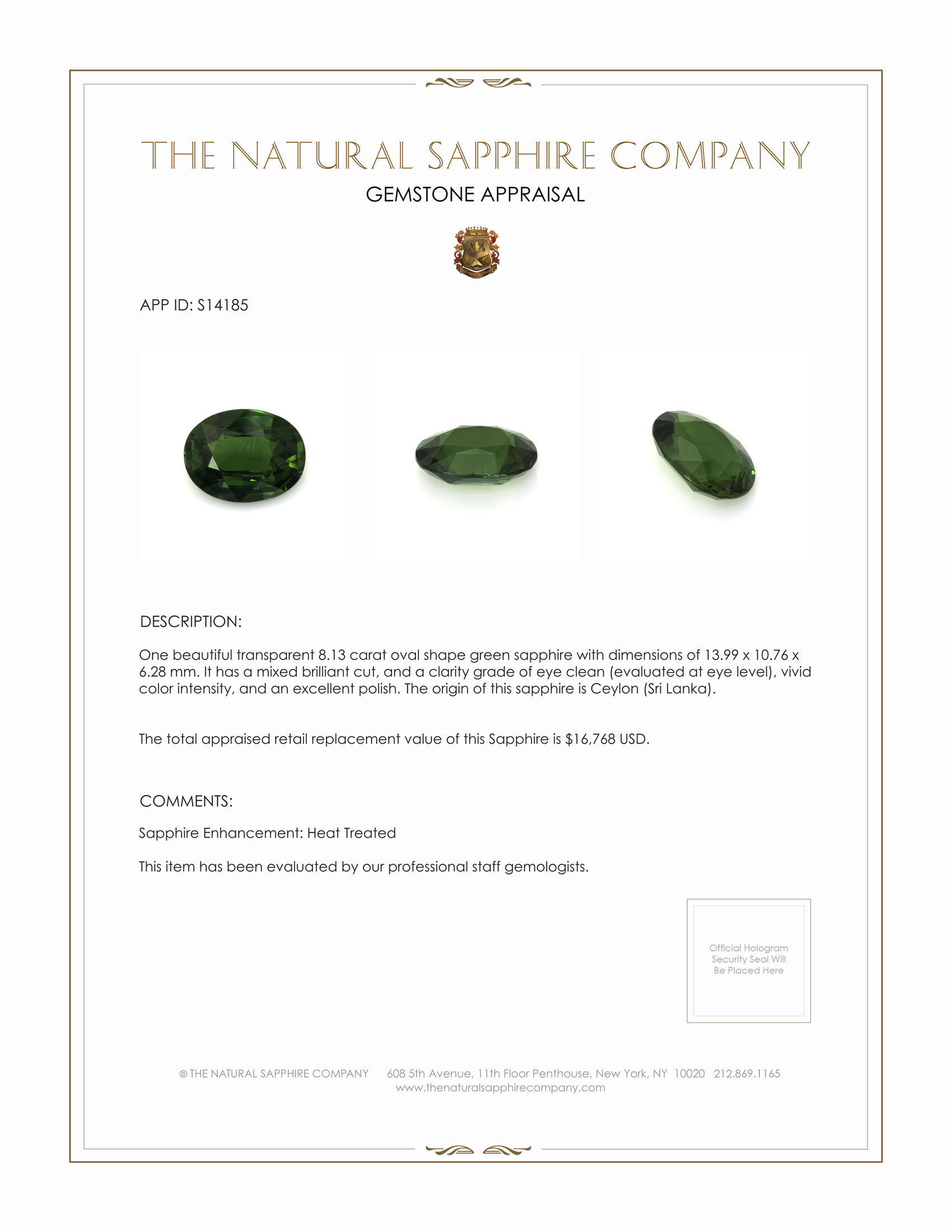 8.13 Ct. Green Sapphire from Ceylon (Sri Lanka)